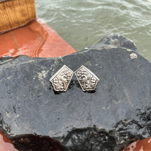 Peacock Engraved Silver Stud