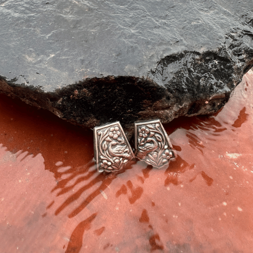 Peacock Engraved Silver Stud