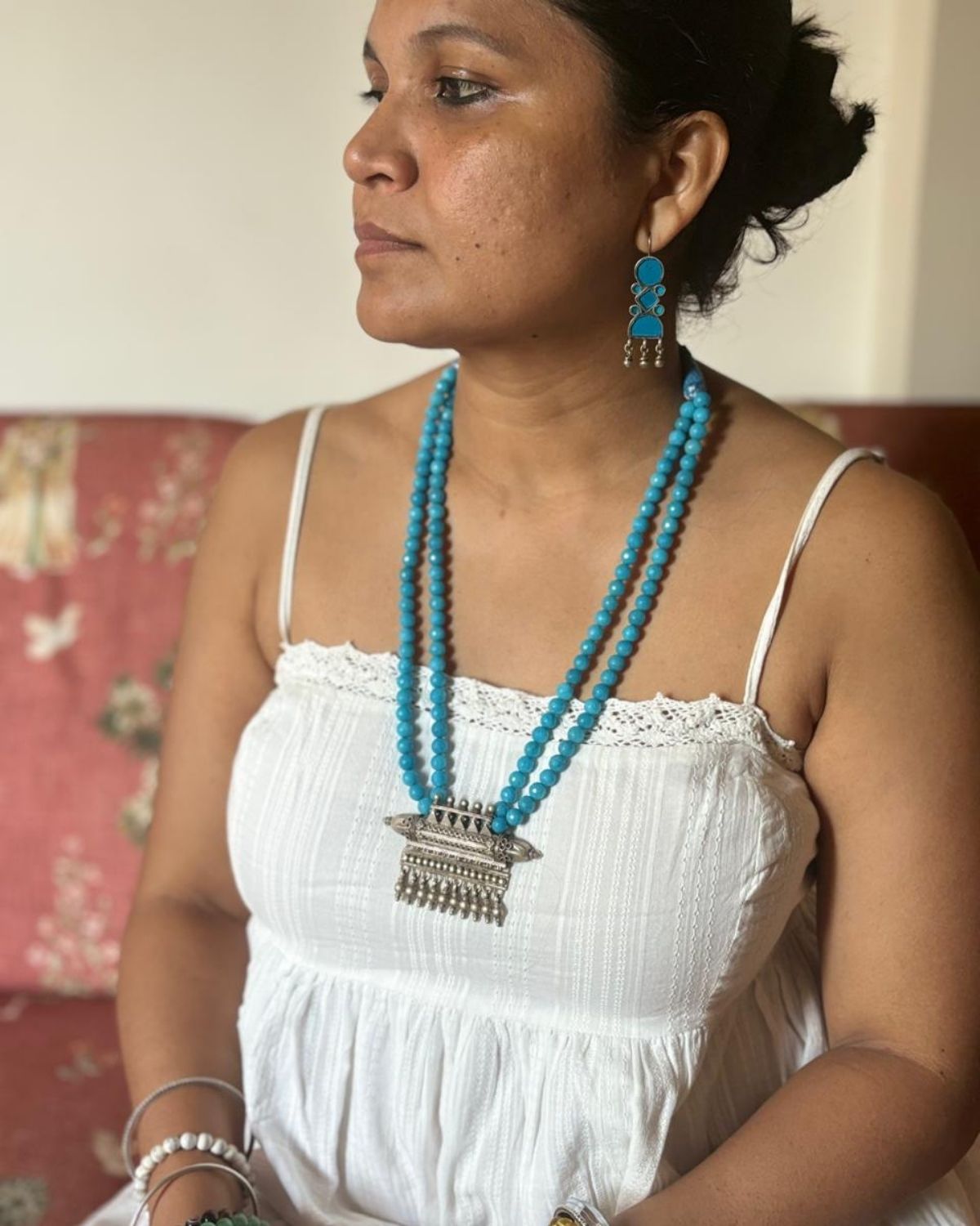 Blue Stone with Silver Antique Tabiz Pendant Necklace