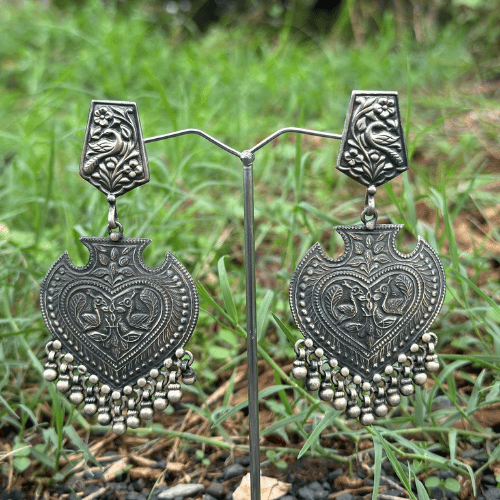 Traditional peacock motif silver Jhumka