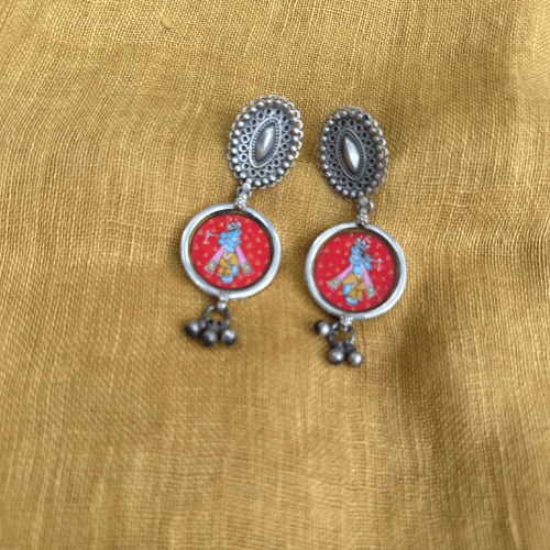 Silver Krishna Painting Earring