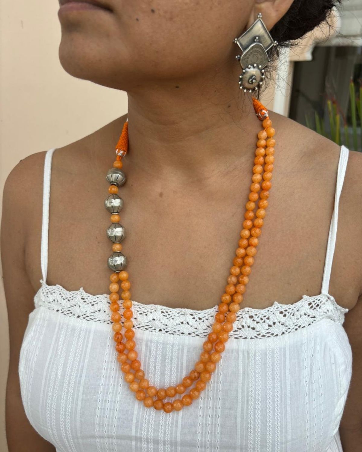 Orange Beads Silver Balls Mala