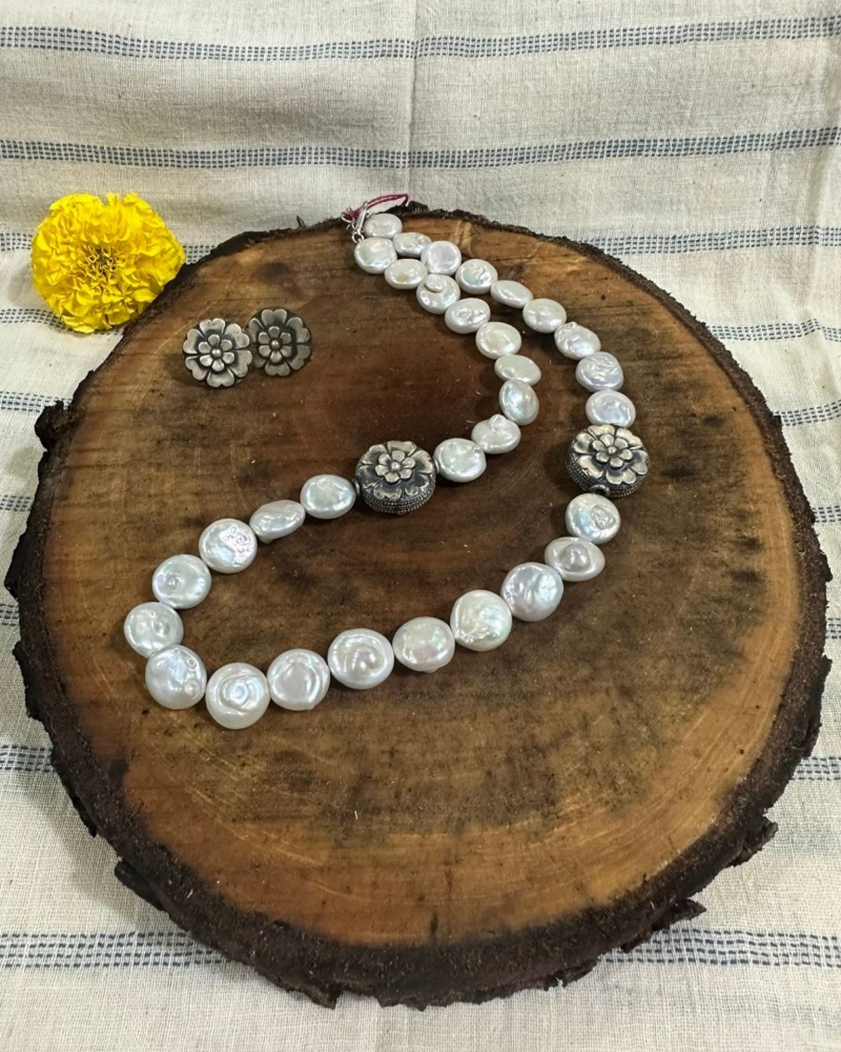 Floral Silver Beads with Pearl Stone Mala
