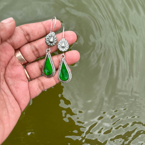 Green jaipuri mirror silver dangler