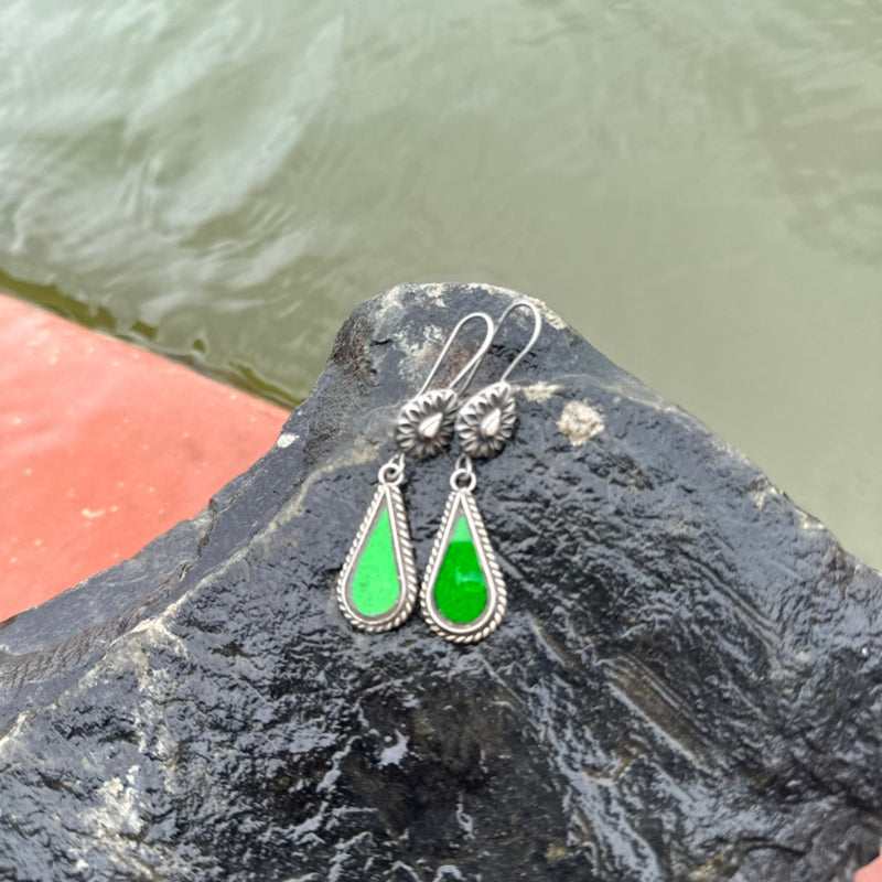 Green jaipuri mirror silver dangler