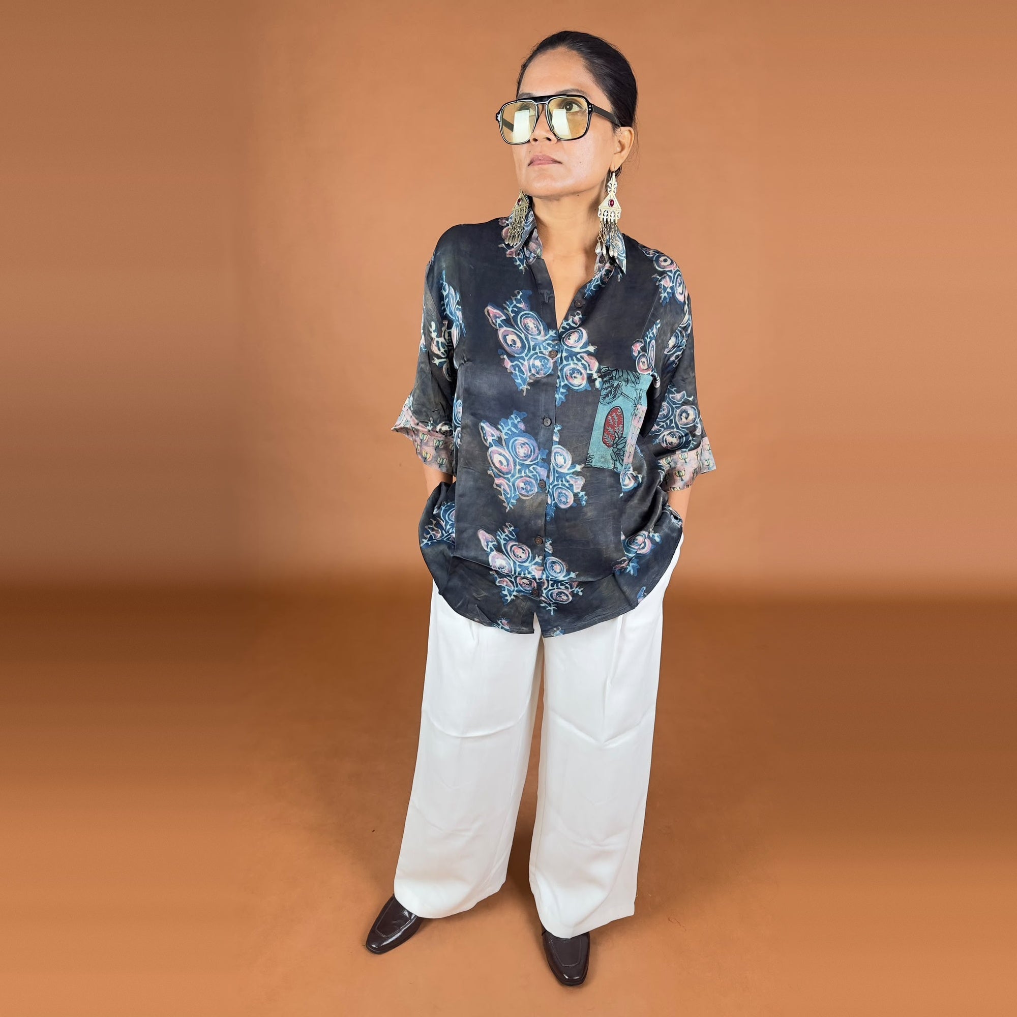 Bagru Black & Blue Motif Modal Silk Shirt