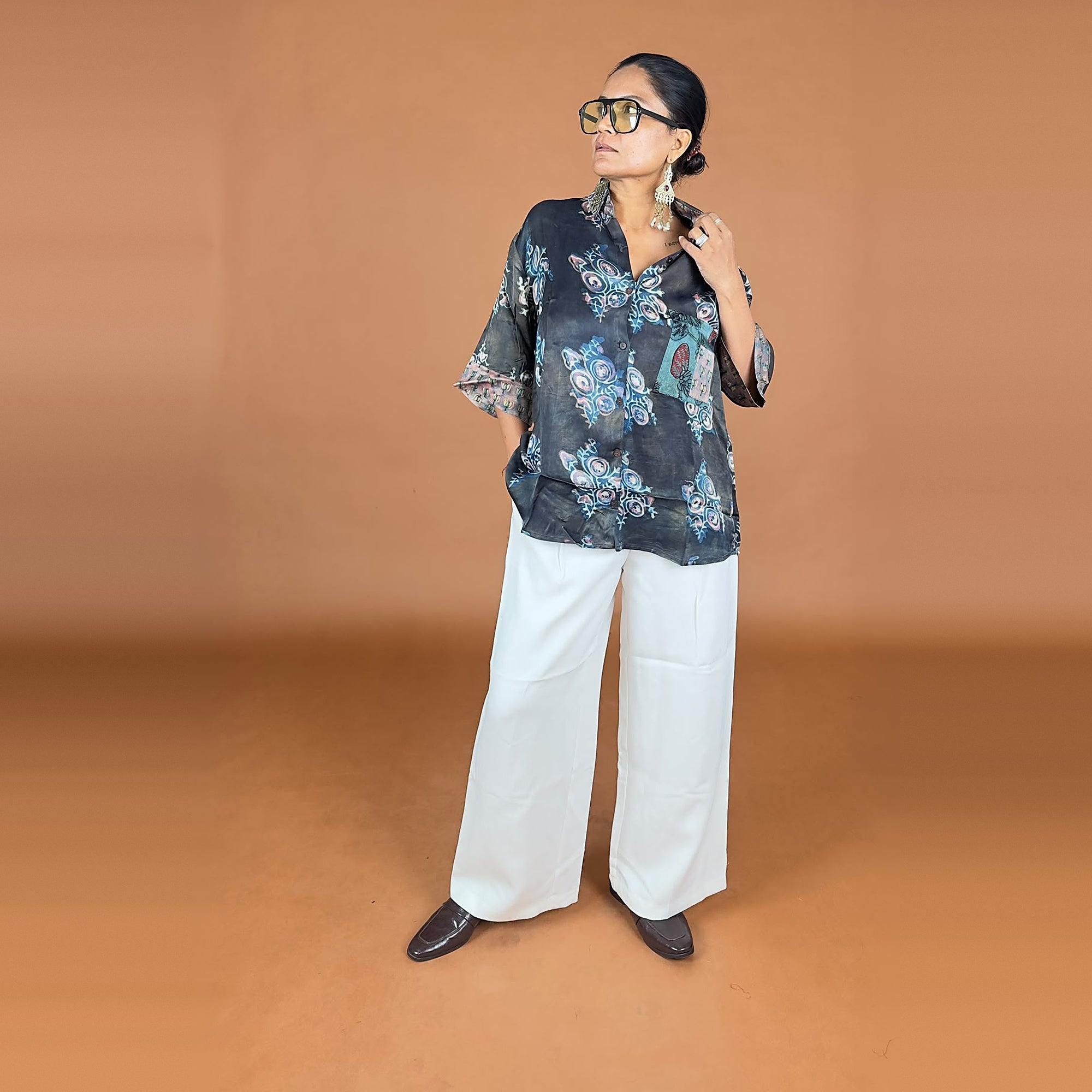 Bagru Black & Blue Motif Modal Silk Shirt