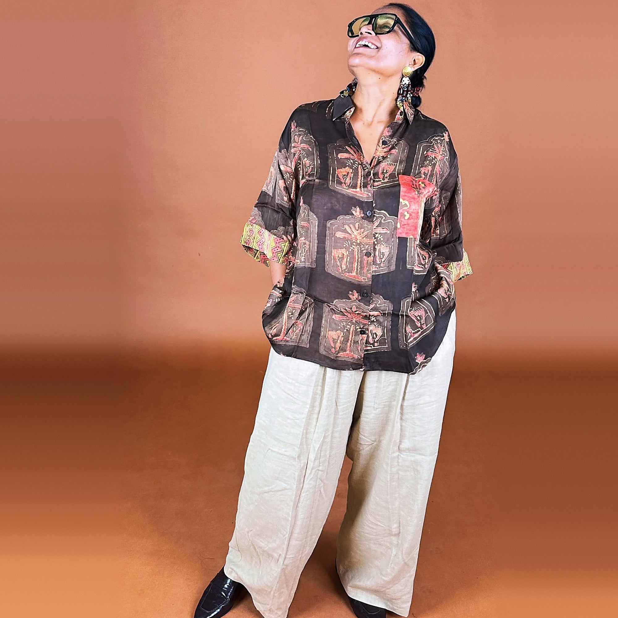Bagru Brown Motif Modal Silk Shirt