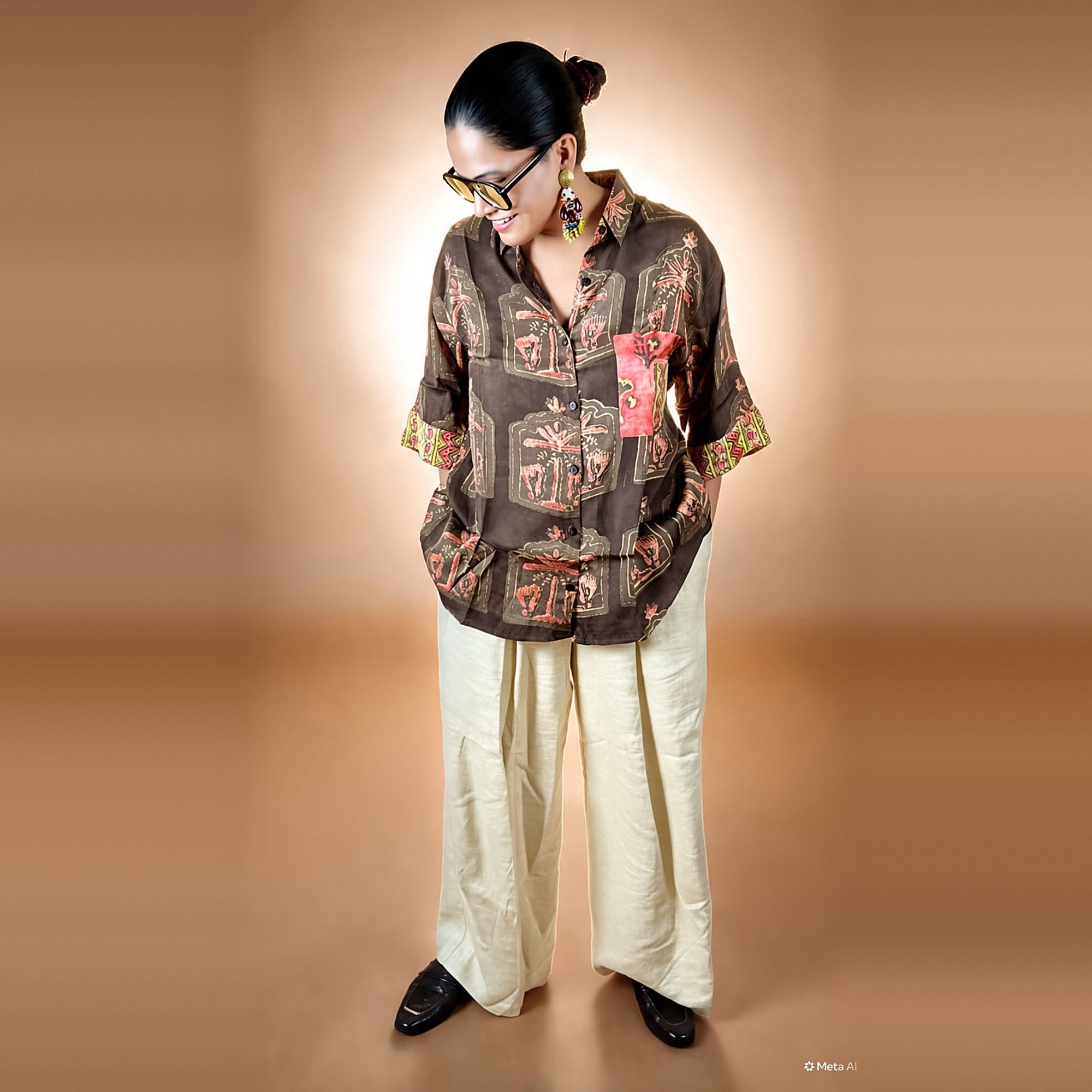 Bagru Brown Motif Modal Silk Shirt