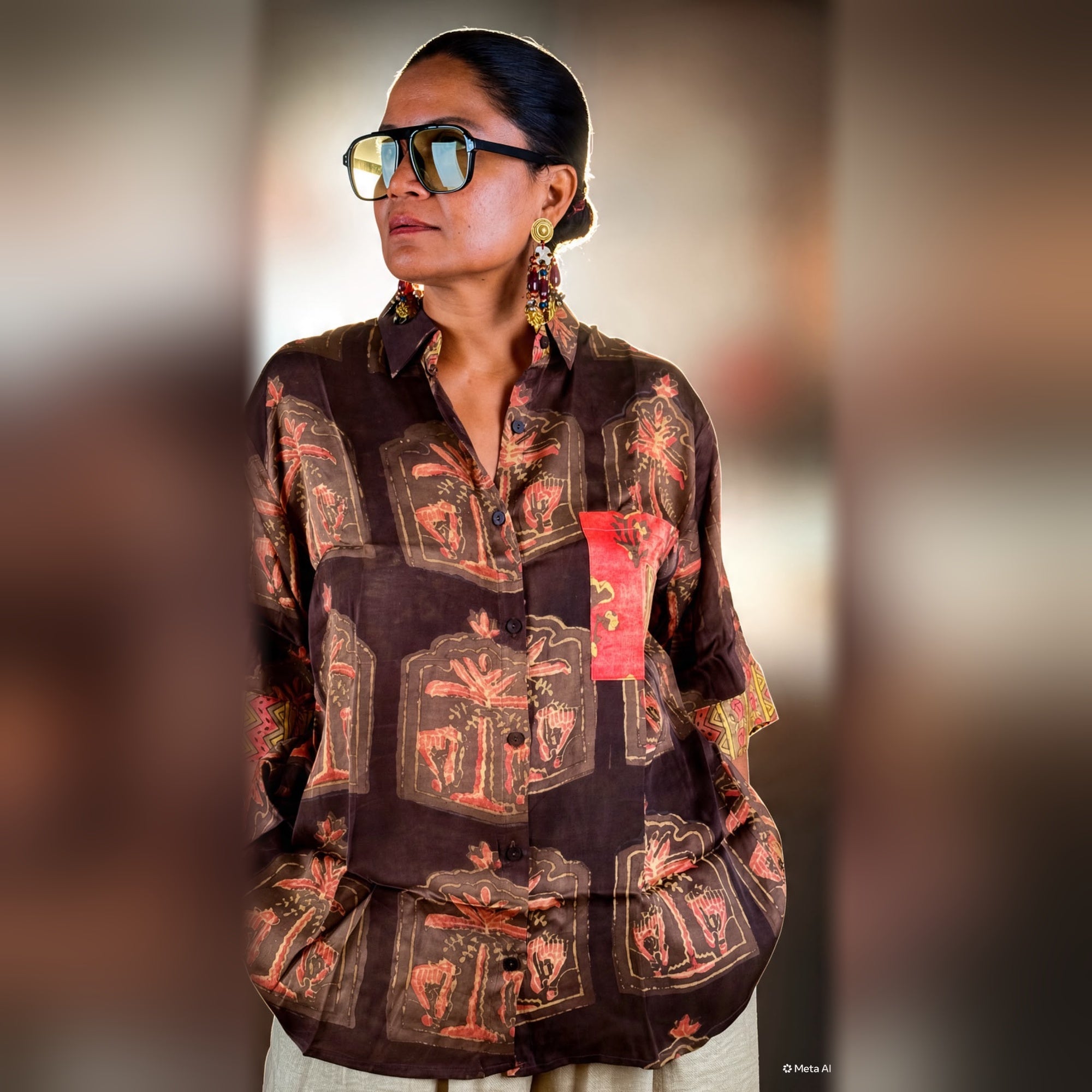 Bagru Brown Motif Modal Silk Shirt