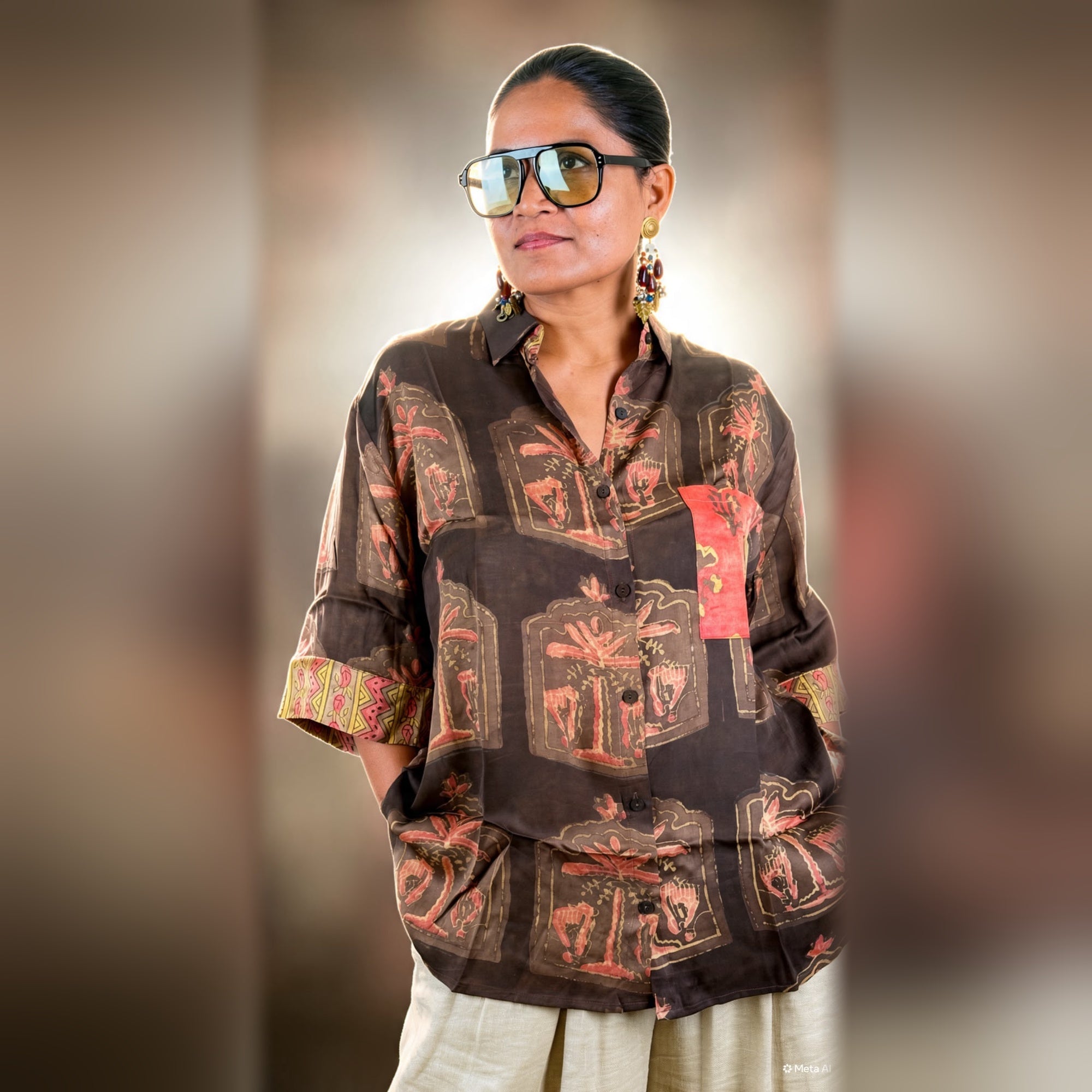 Bagru Brown Motif Modal Silk Shirt