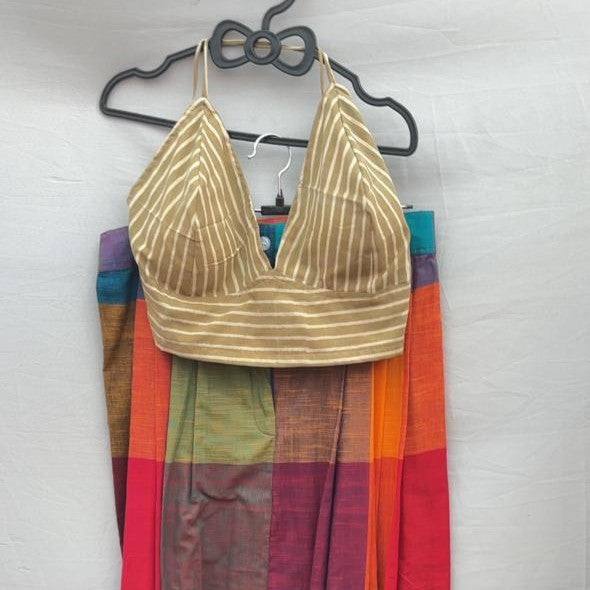 Beige Gold Striped Mul Cotton Bralette