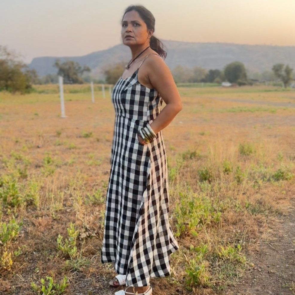 Black & White Gingham A-Line Midi Dress