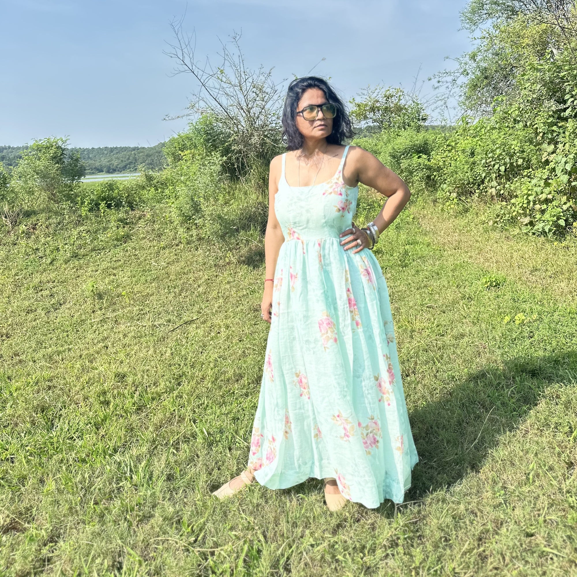 Blue Floral Linen Dress