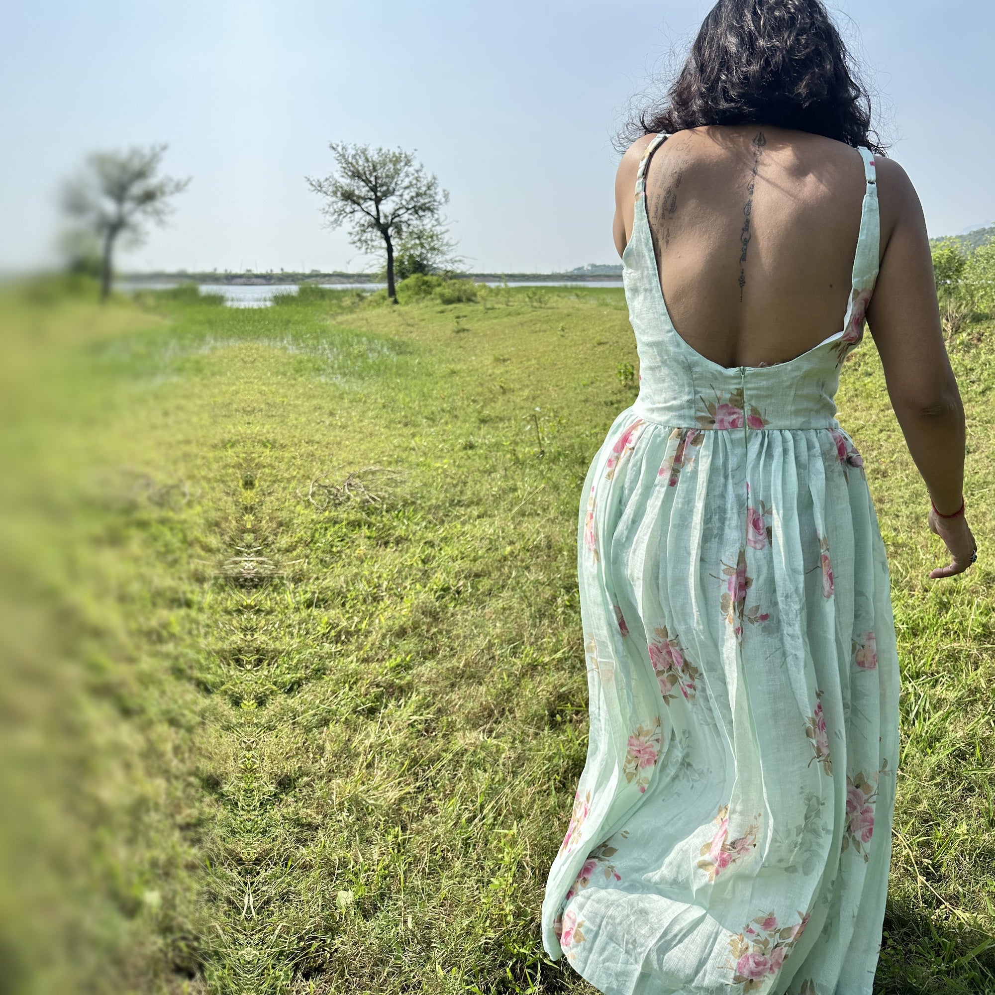 Blue Floral Linen Dress