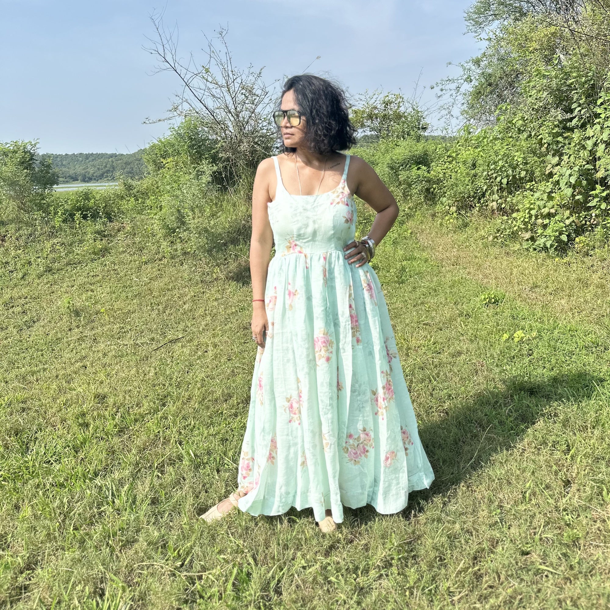 Blue Floral Linen Dress