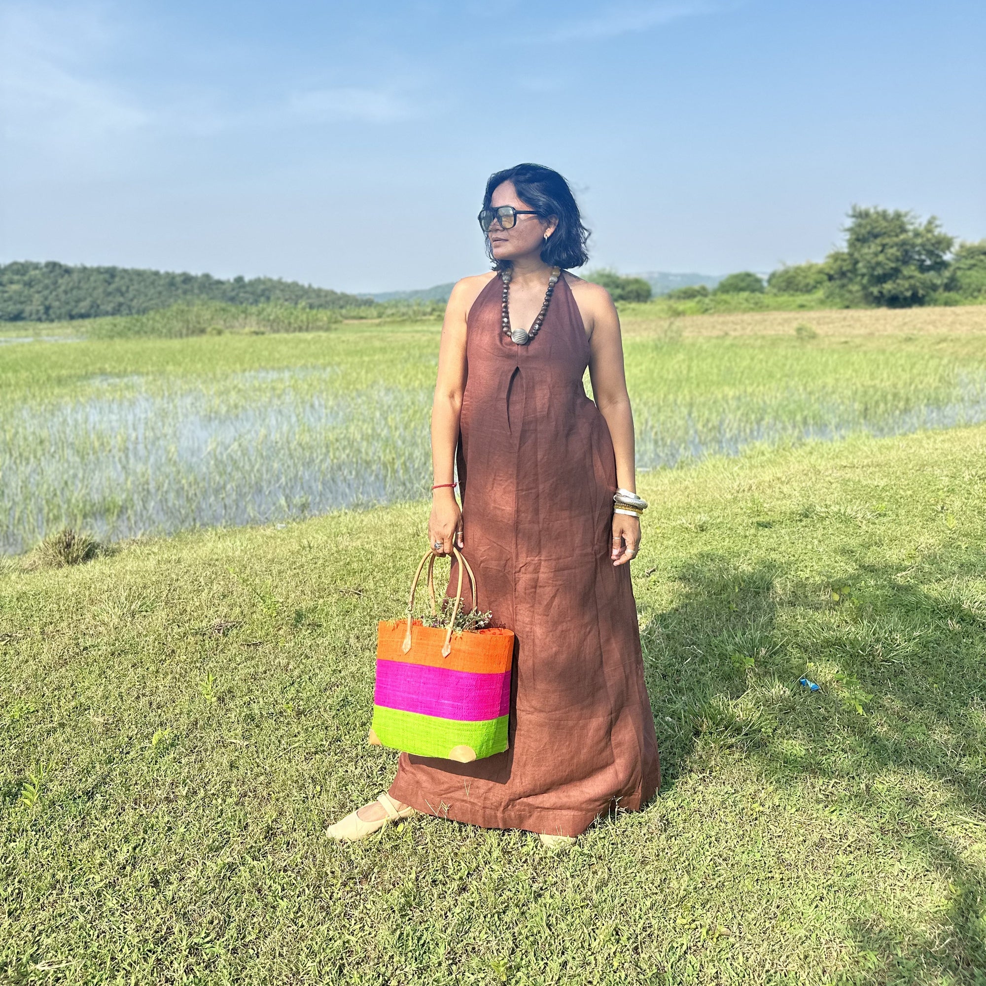Brown Halter Neck Backless Linen Dress