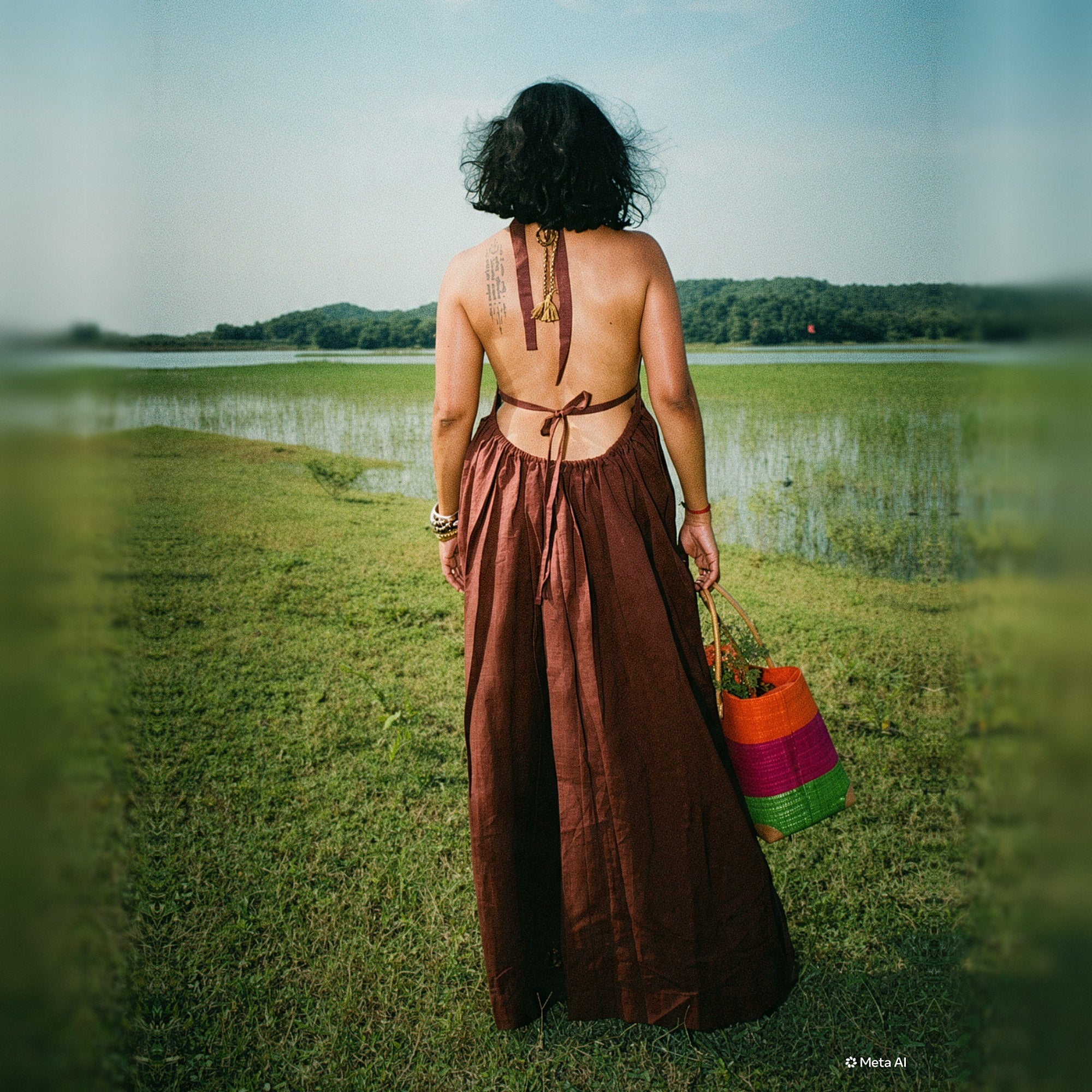 Brown Halter Neck Backless Linen Dress