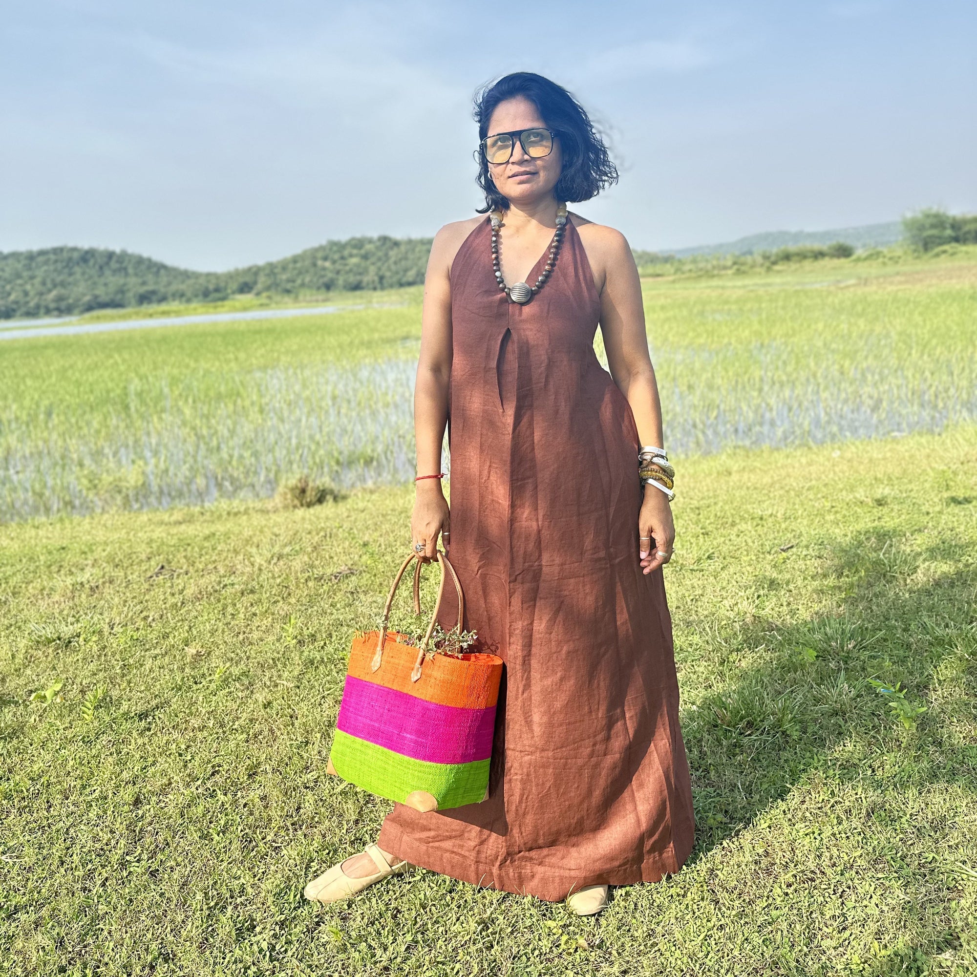 Brown Halter Neck Backless Linen Dress