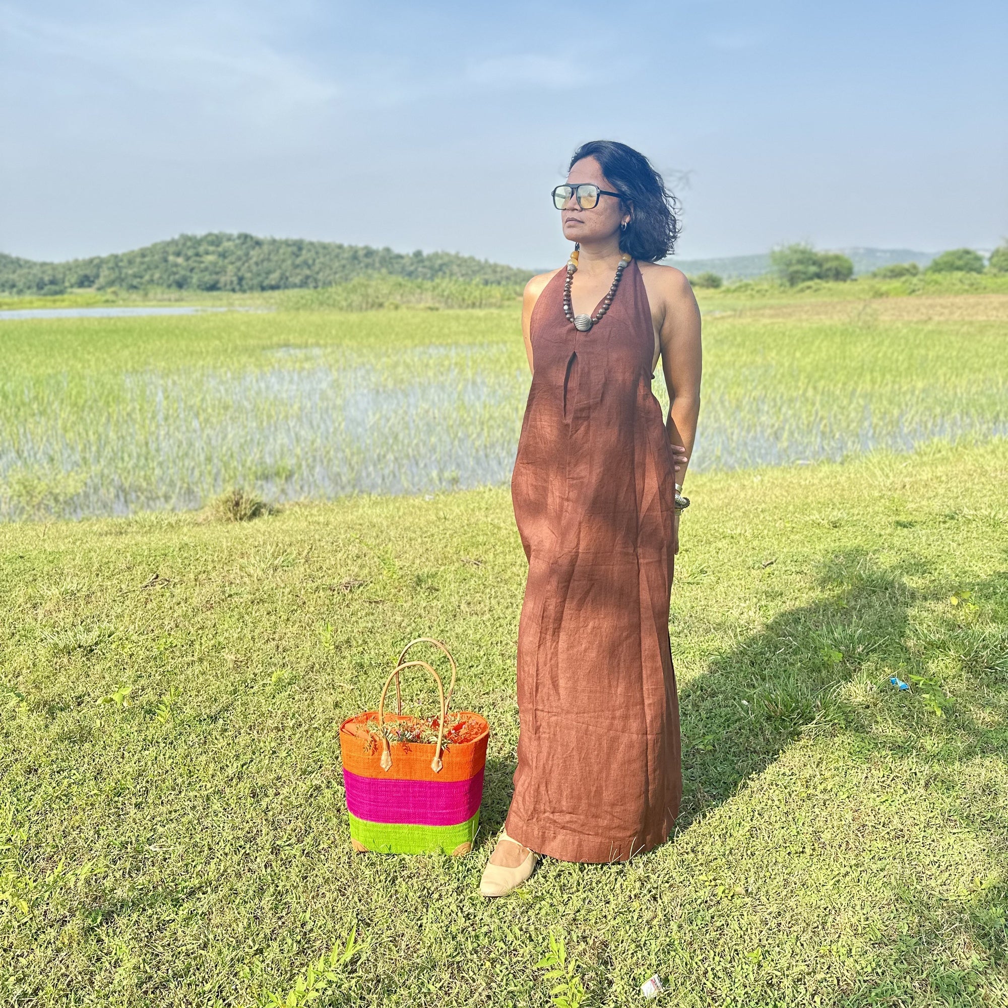Brown Halter Neck Backless Linen Dress