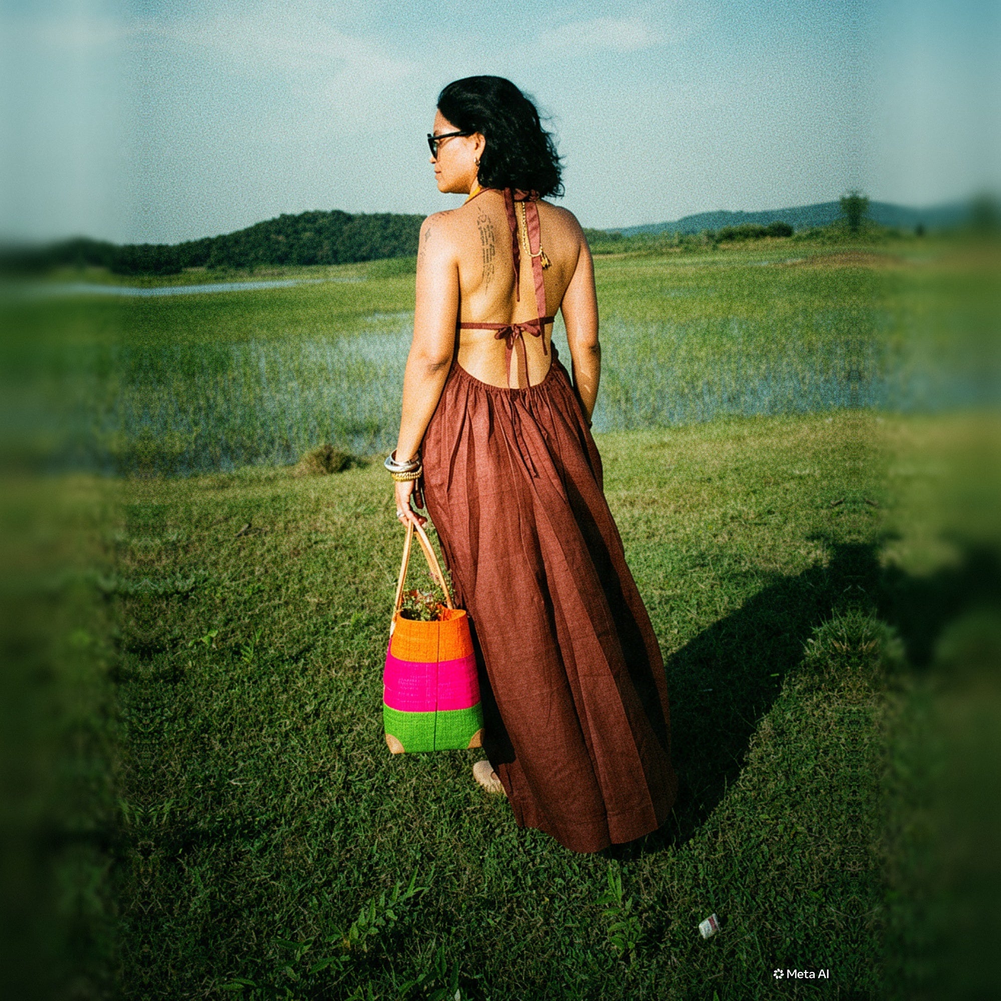 Brown Halter Neck Backless Linen Dress