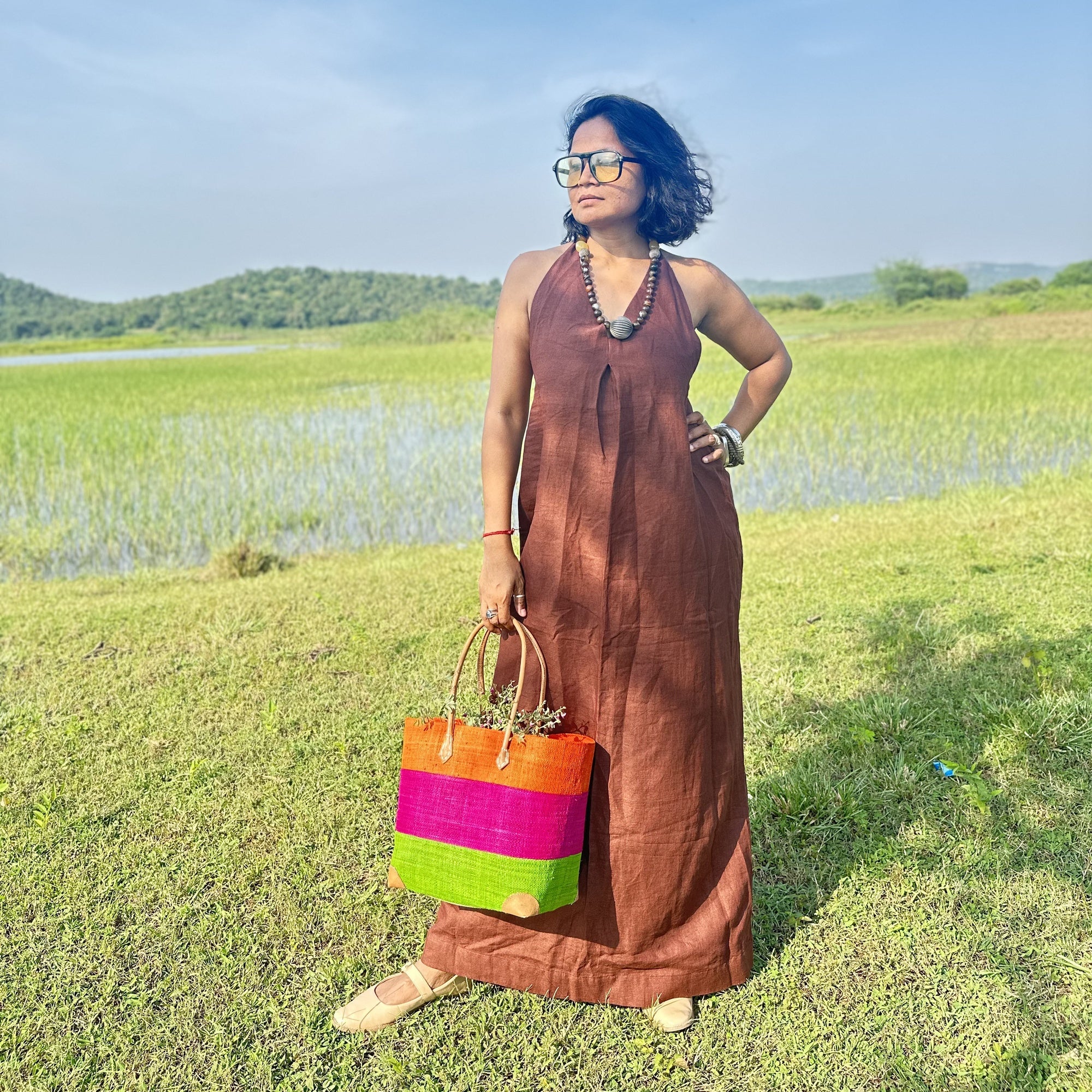 Brown Halter Neck Backless Linen Dress