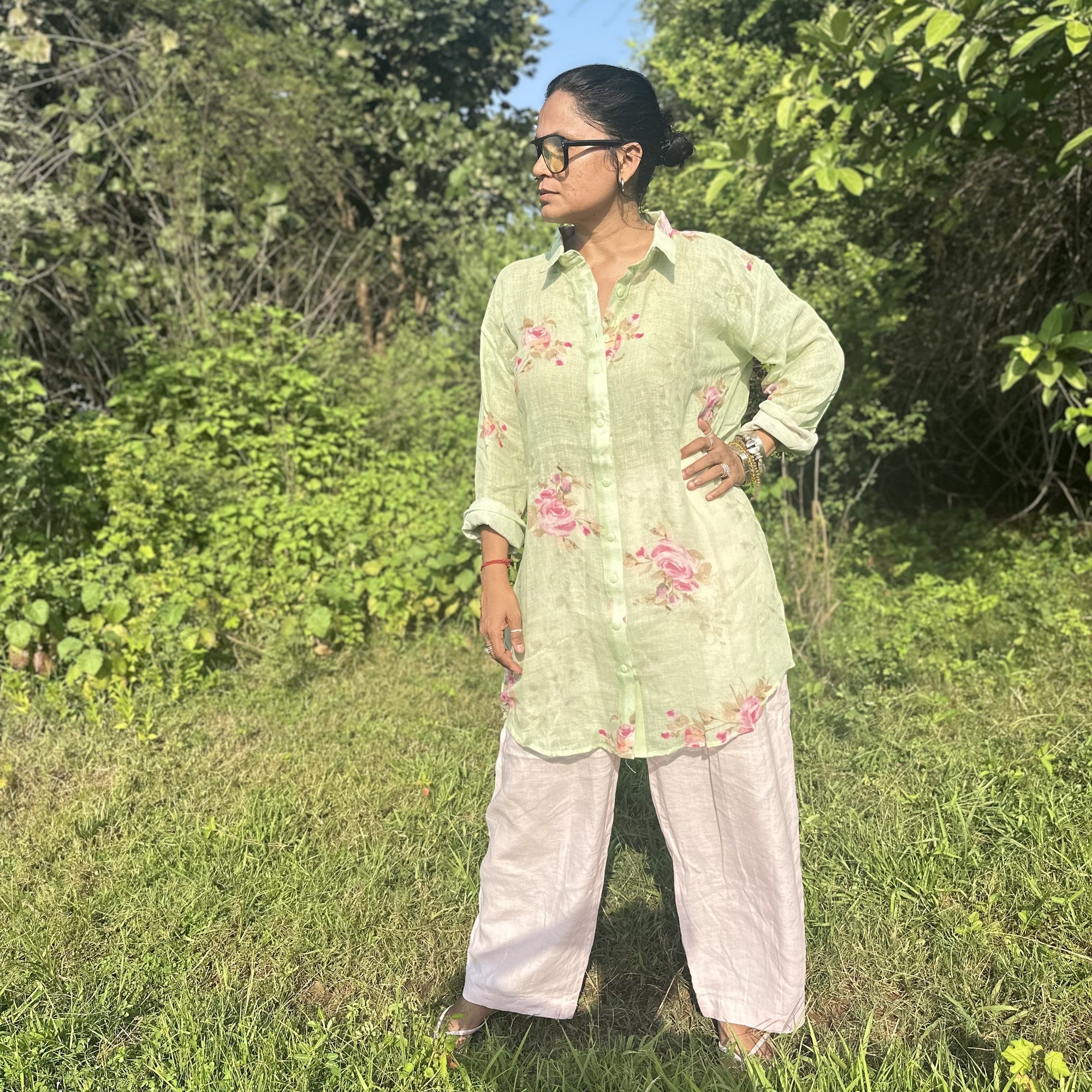 Green Floral Linen Kurta