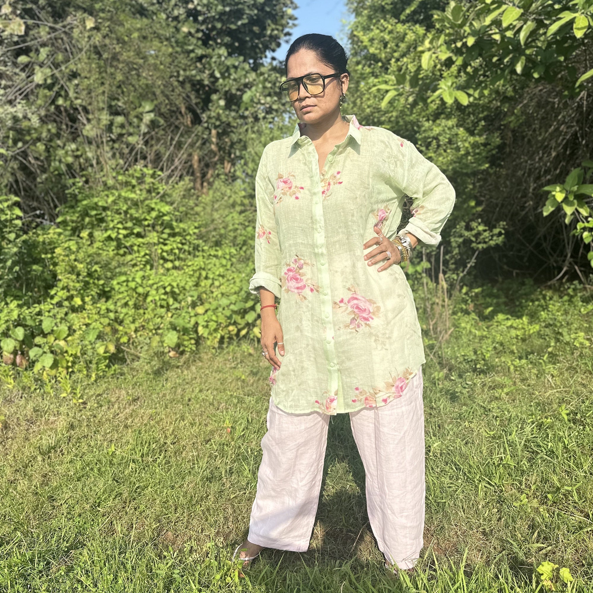 Green Floral Linen Kurta