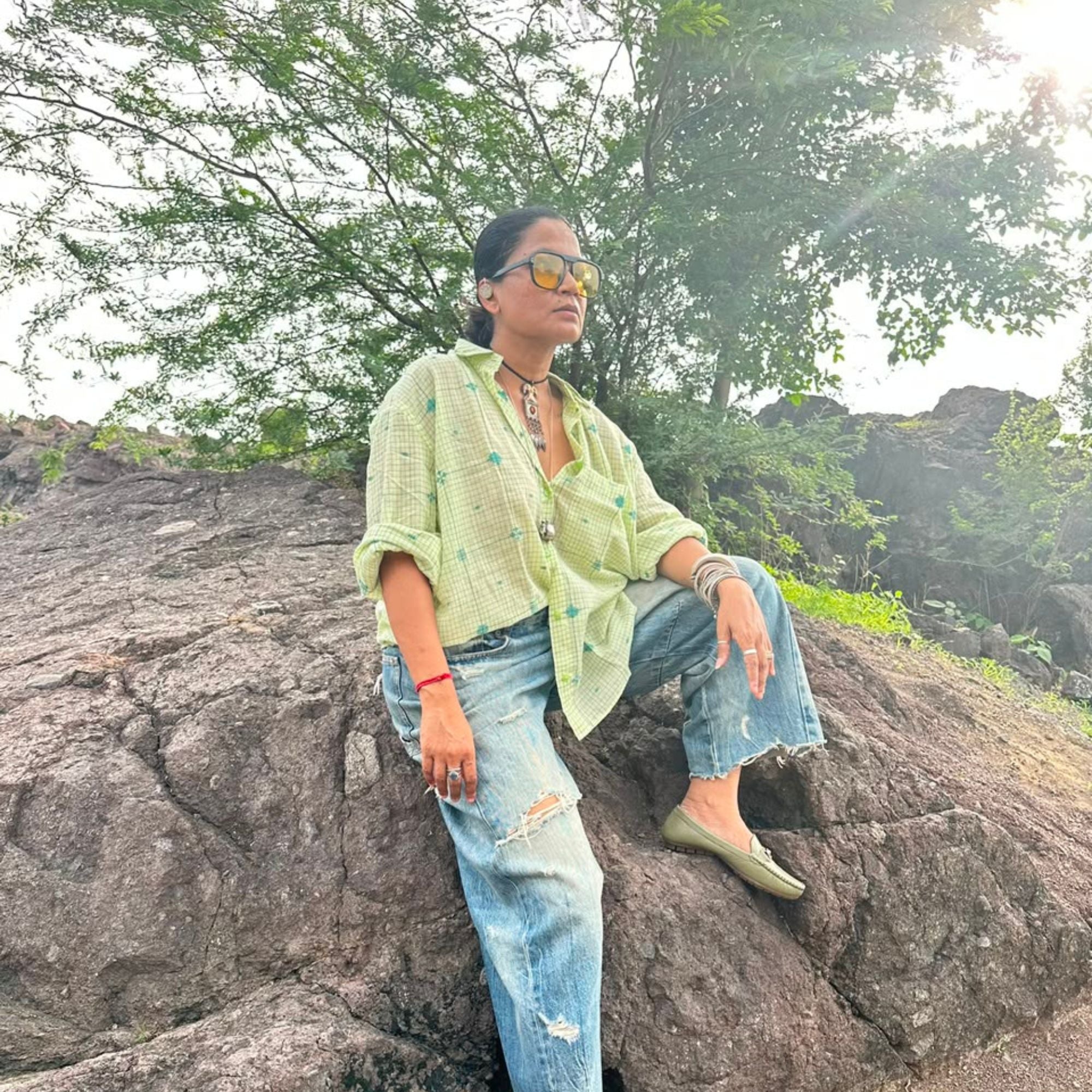 Green checks loose fit jamdani shirt