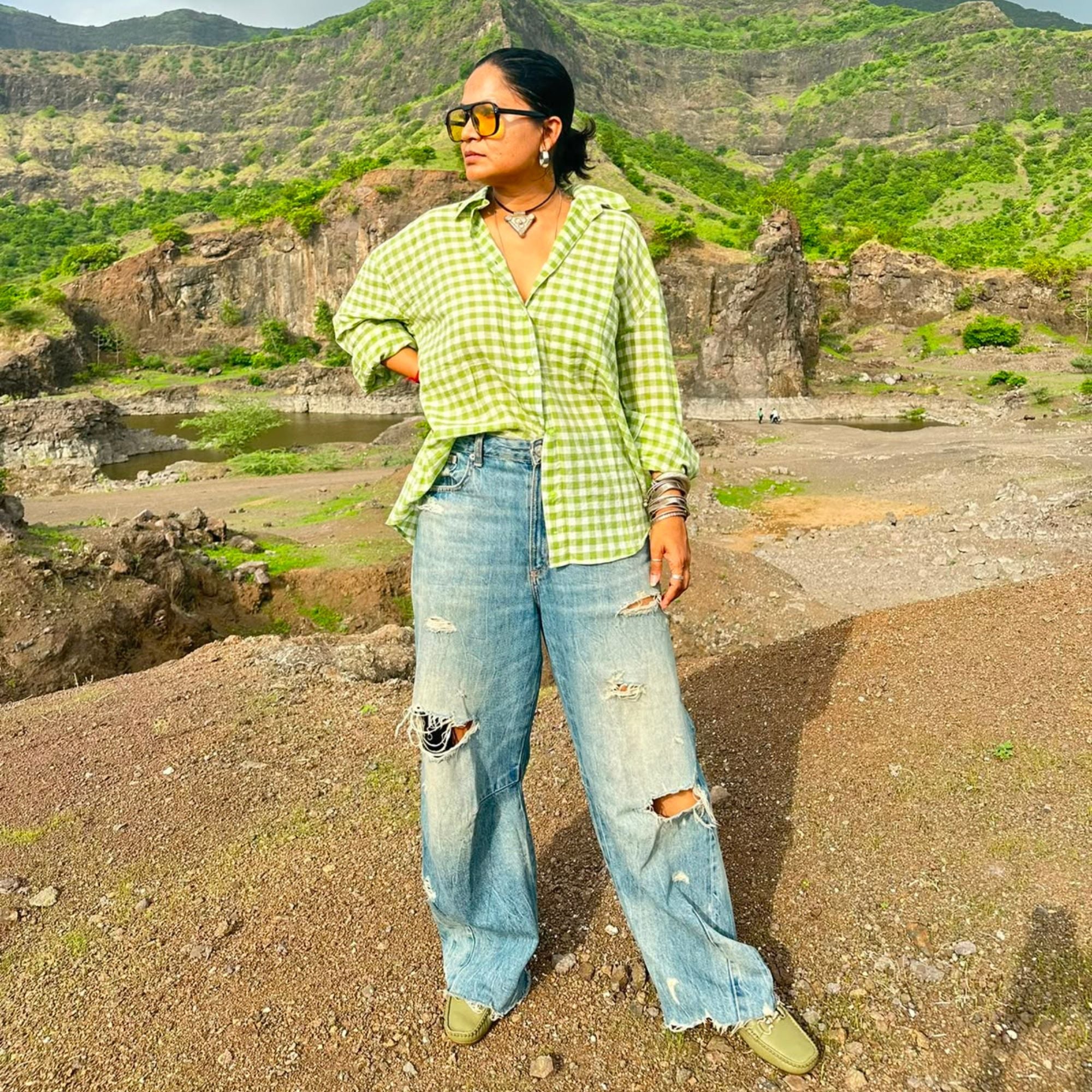 Green gingham loose fit jamdani shirt