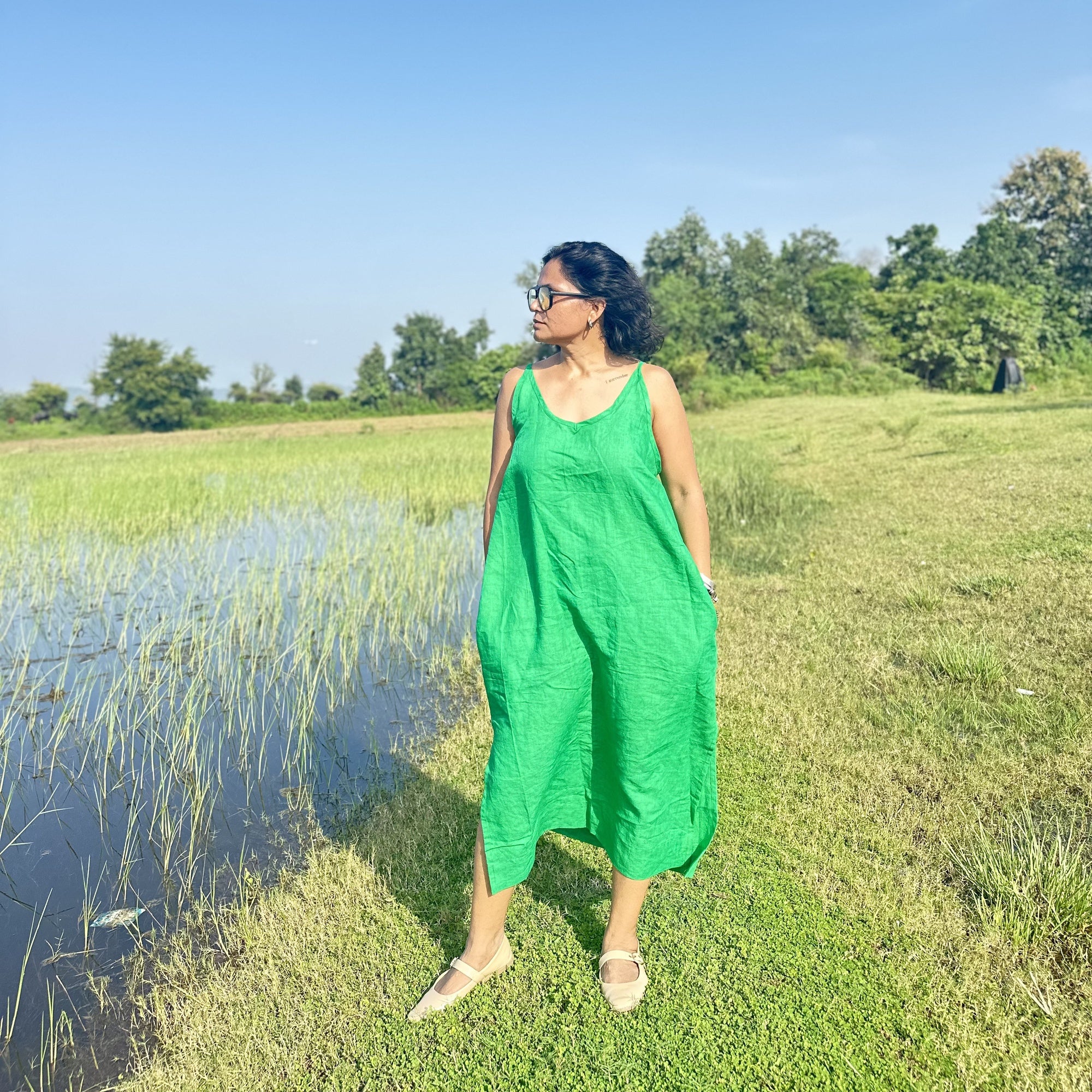 Green Linen Side Slit Dress