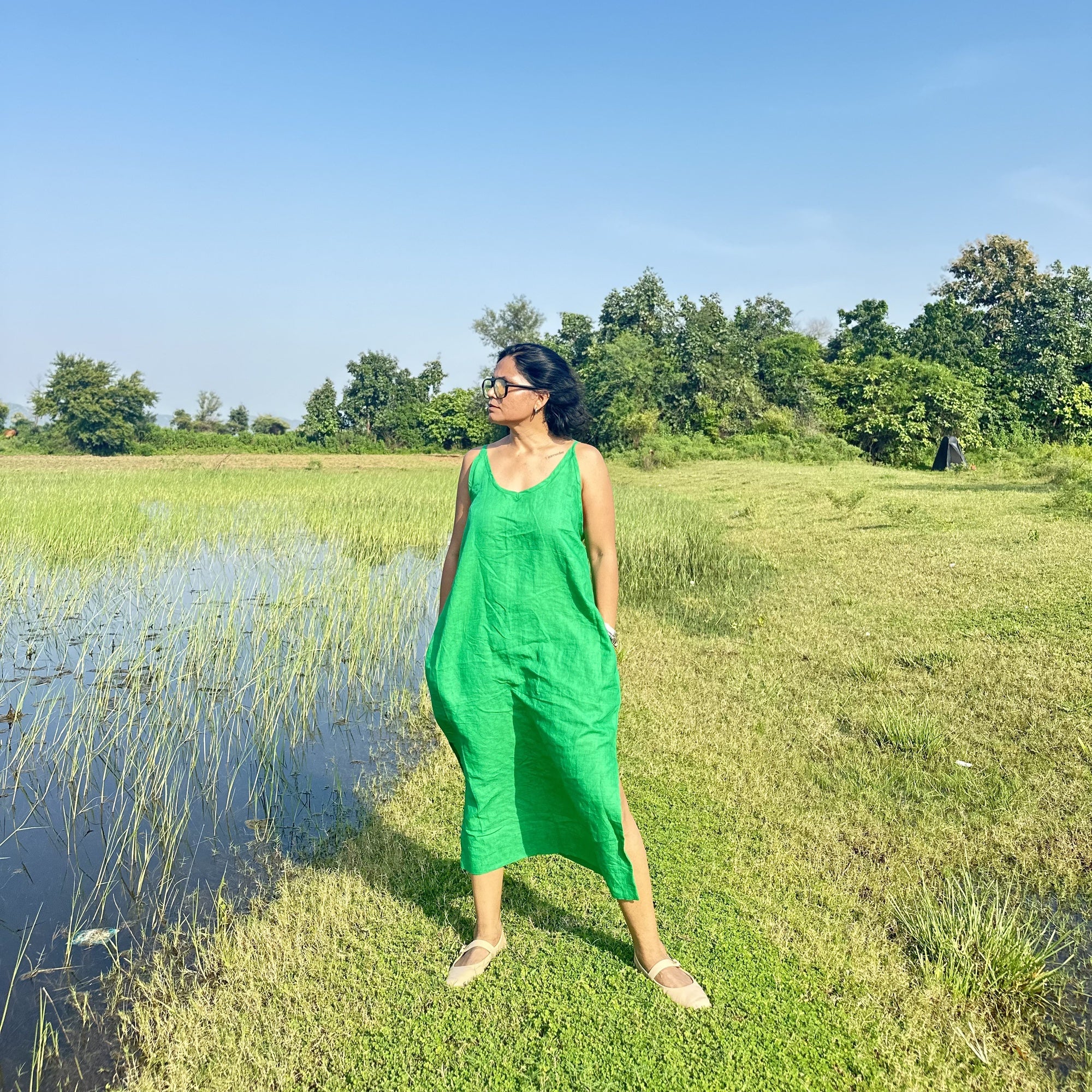 Green Linen Side Slit Dress