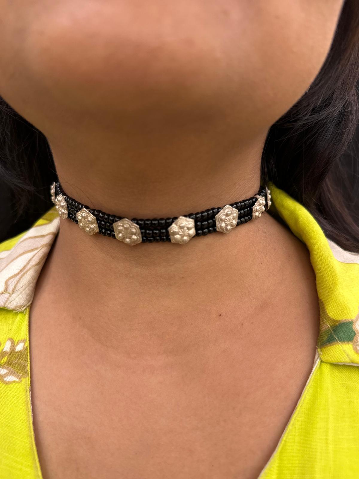 Black Moti Vintage Silver Chokar