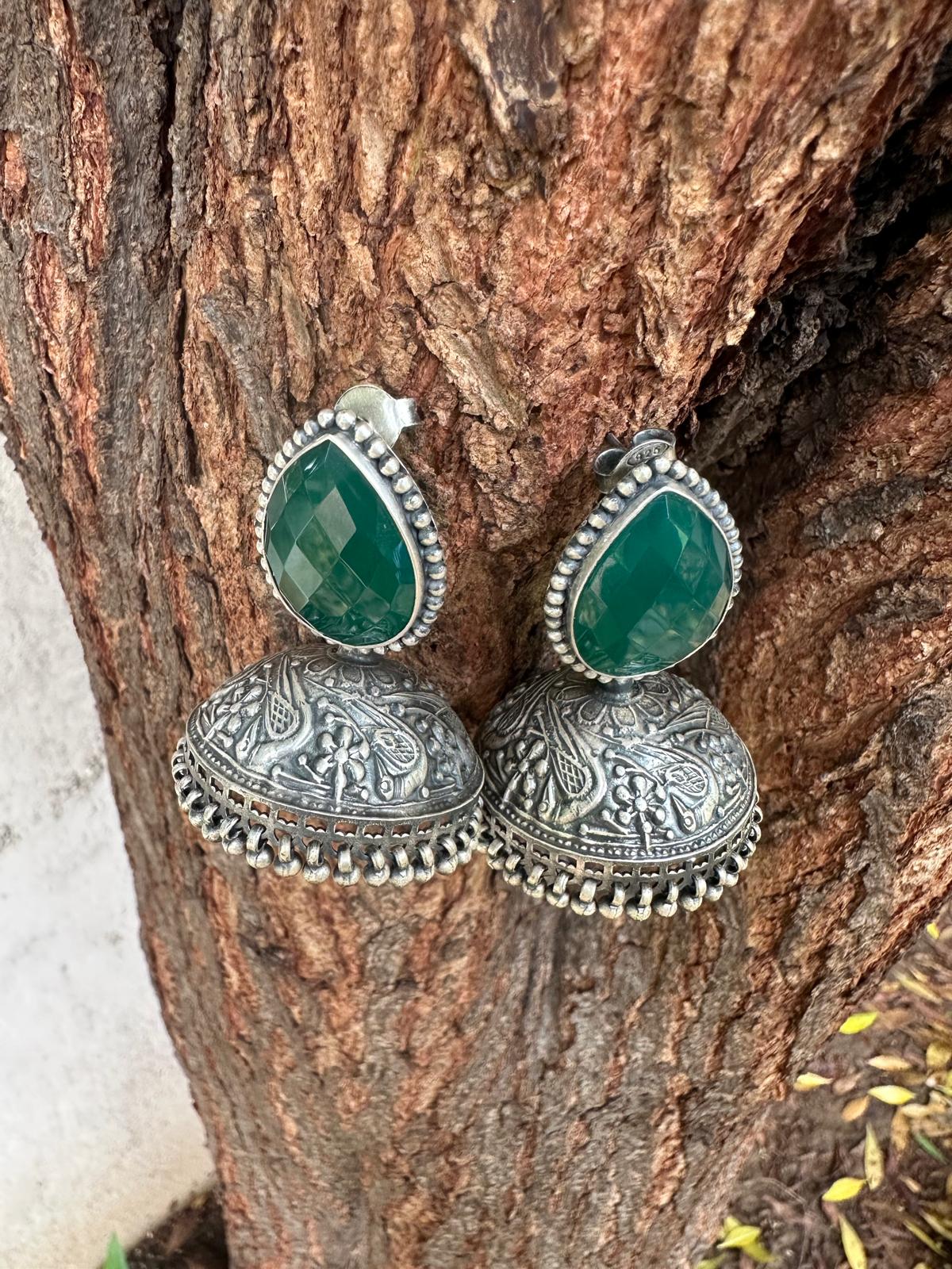 Green Emarald Floral Semiprecious Silver Jhumki
