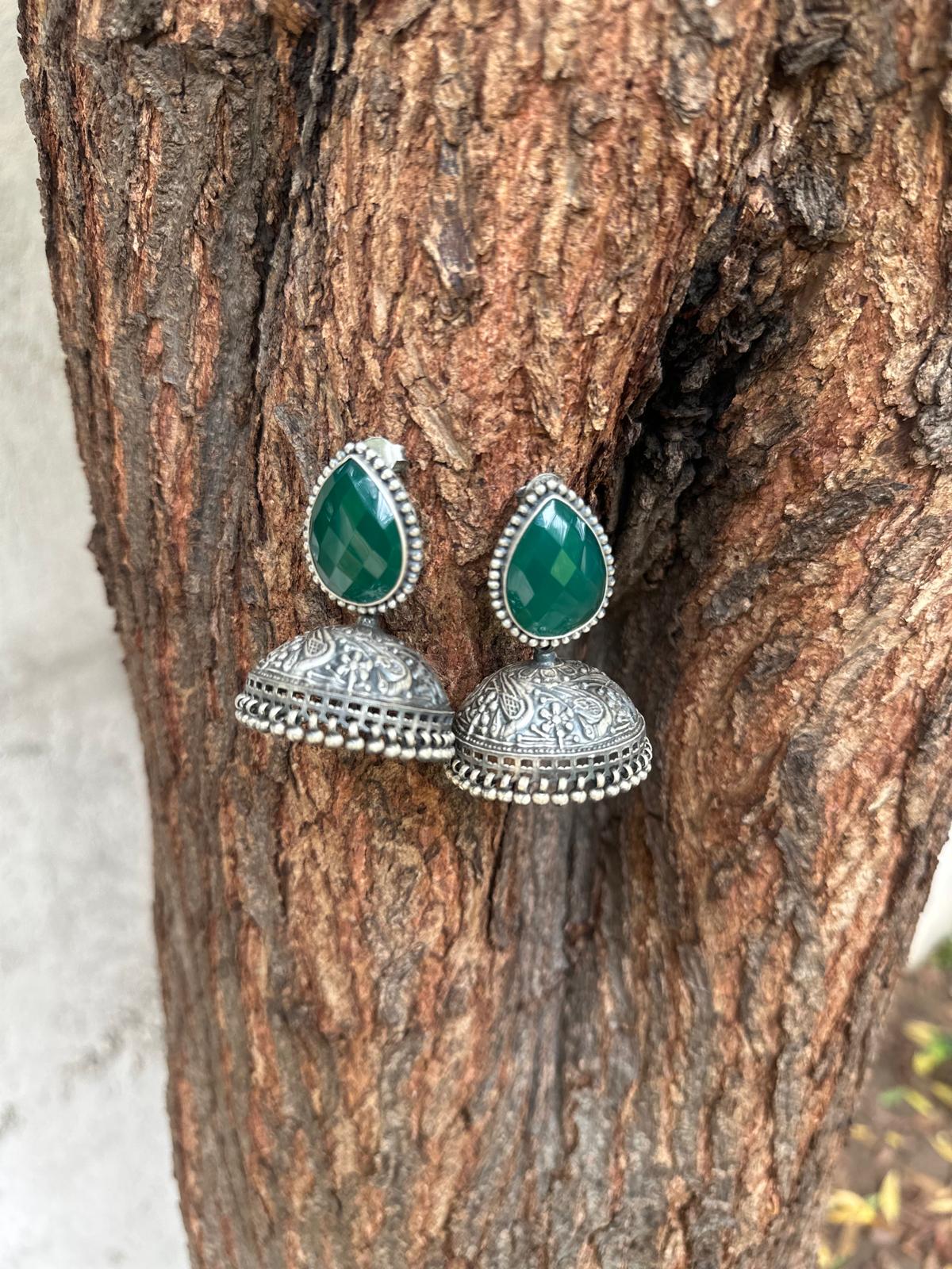 Green Emarald Floral Semiprecious Silver Jhumki