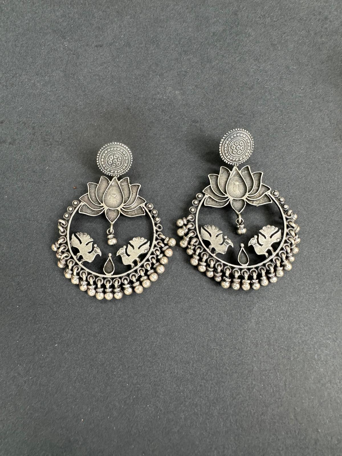 Peacock Lotus motif Silver Chandbali