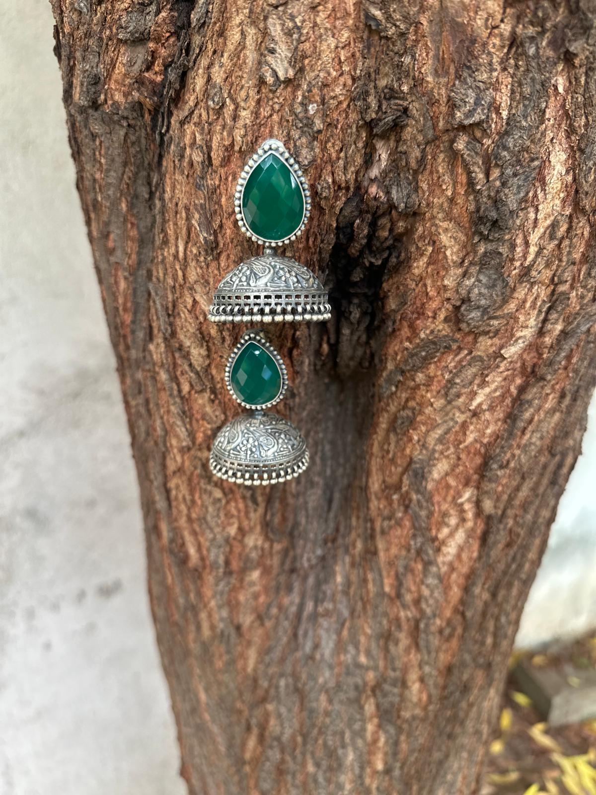 Green Emarald Floral Semiprecious Silver Jhumki
