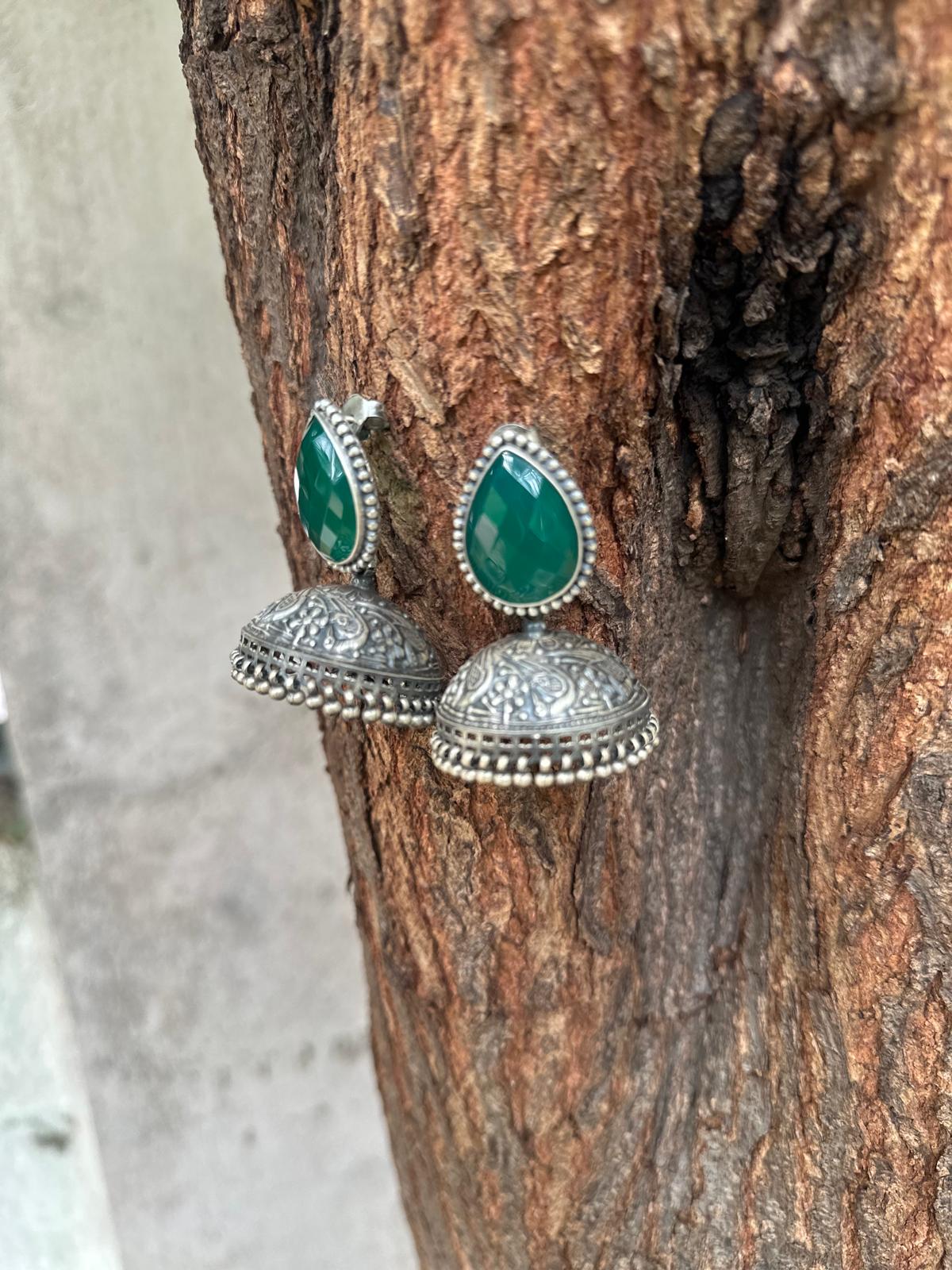 Green Emarald Floral Semiprecious Silver Jhumki