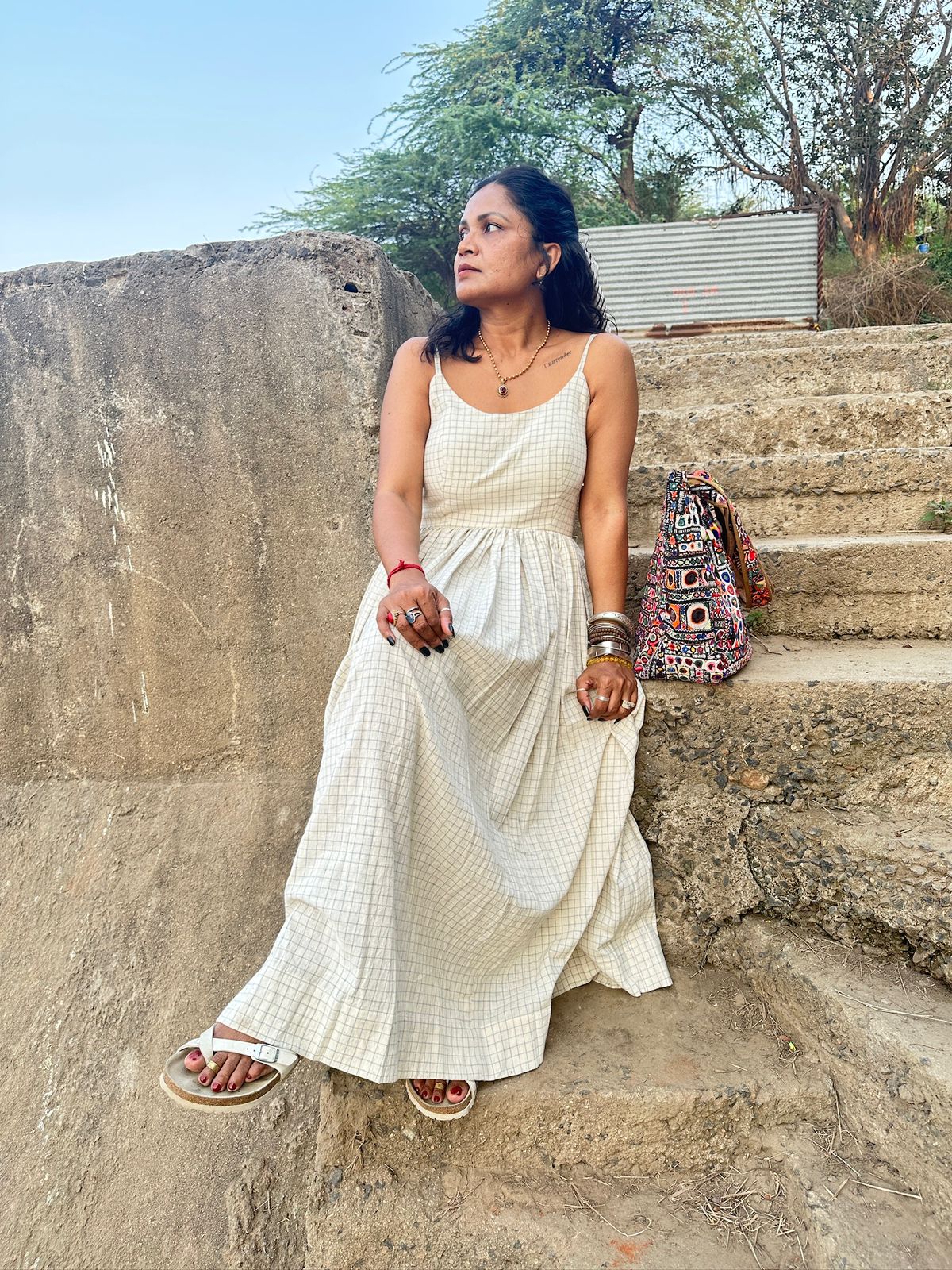 White Checks Handloom Kala Cotton Dress