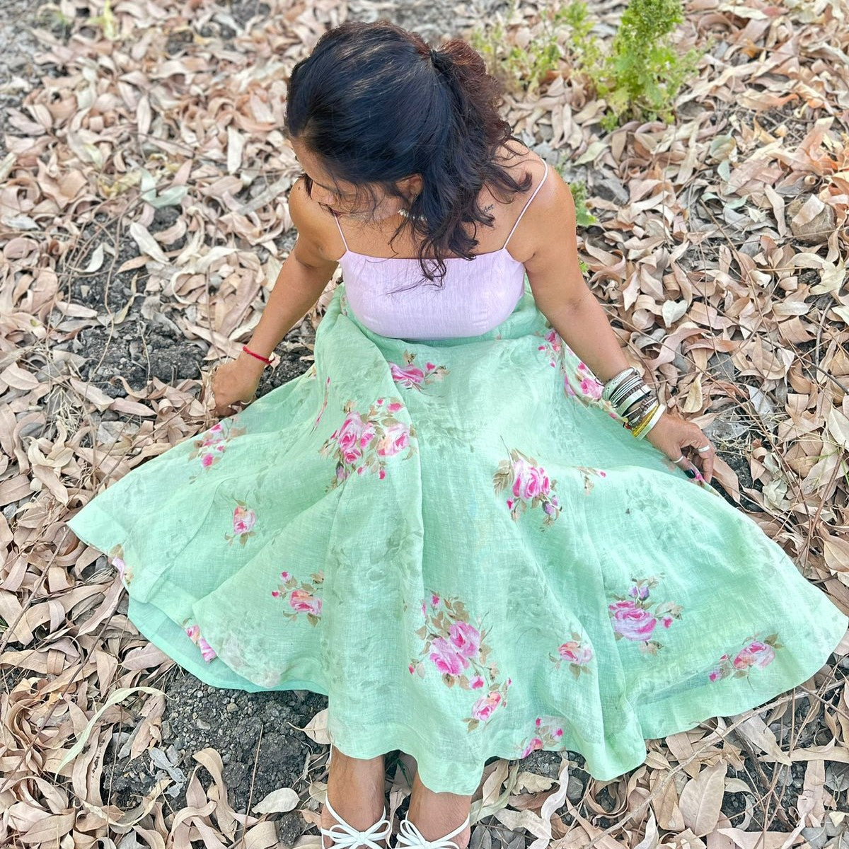 Pastel Green Floral Linen Dress
