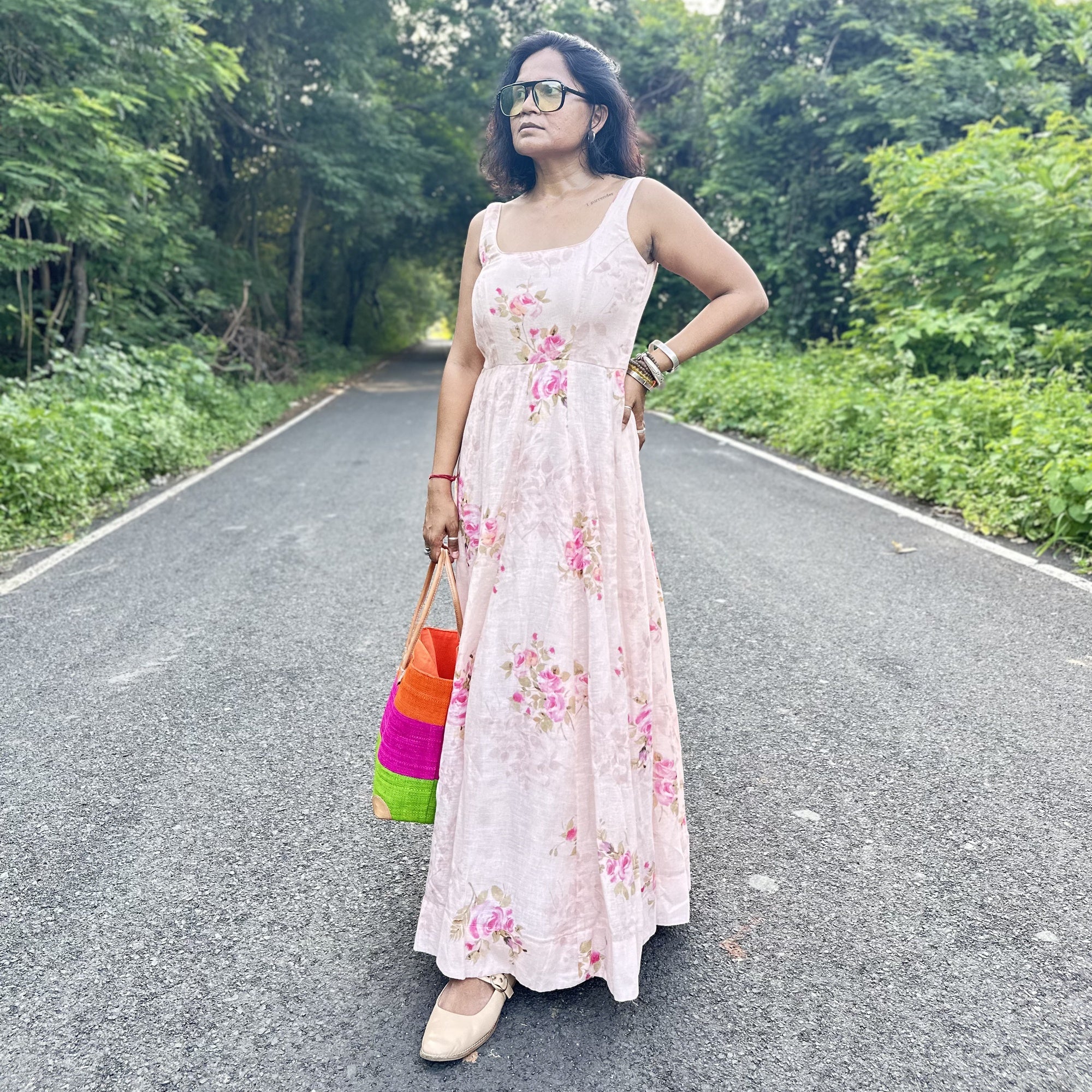 Pink Floral Printed Linen Dress