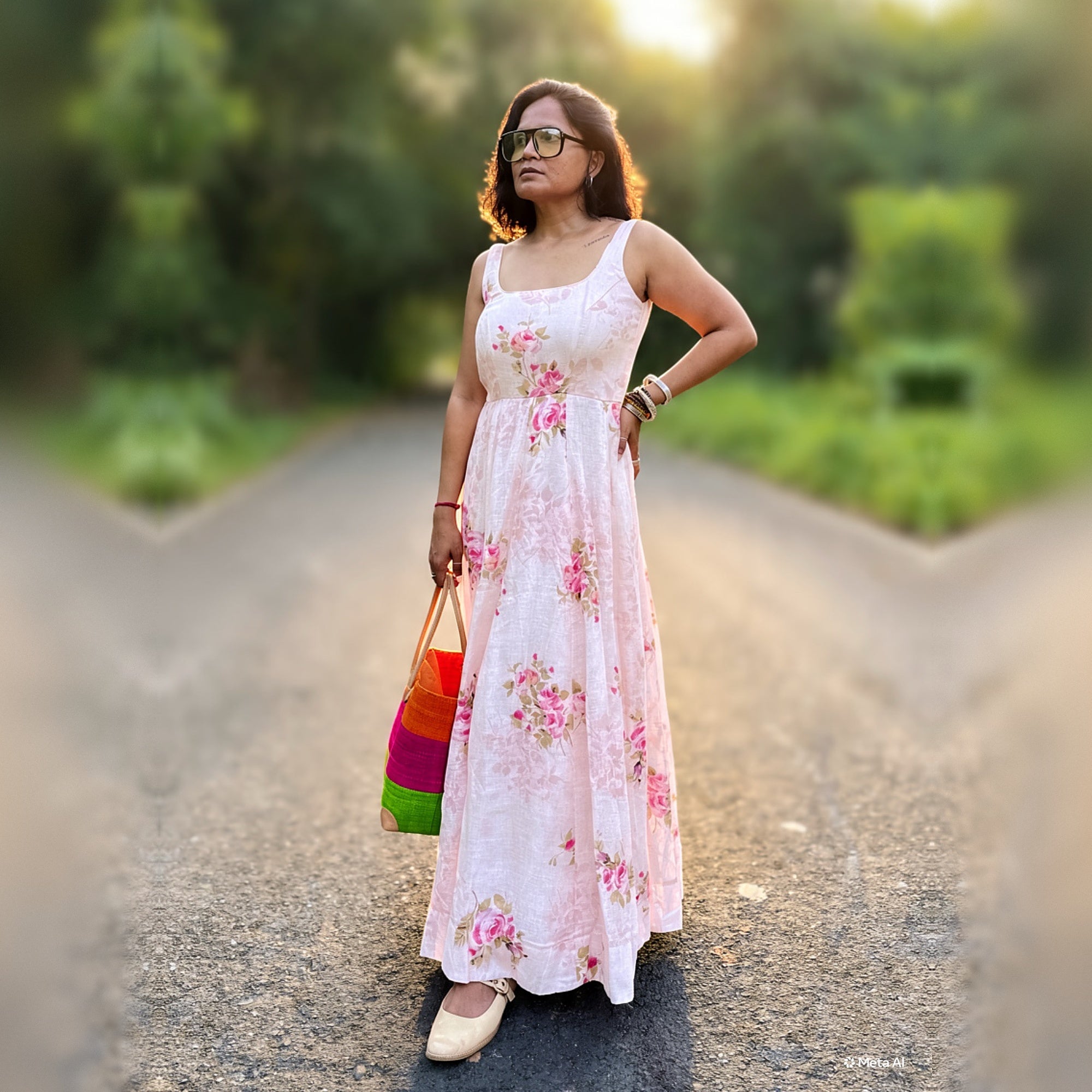 Pink Floral Printed Linen Dress