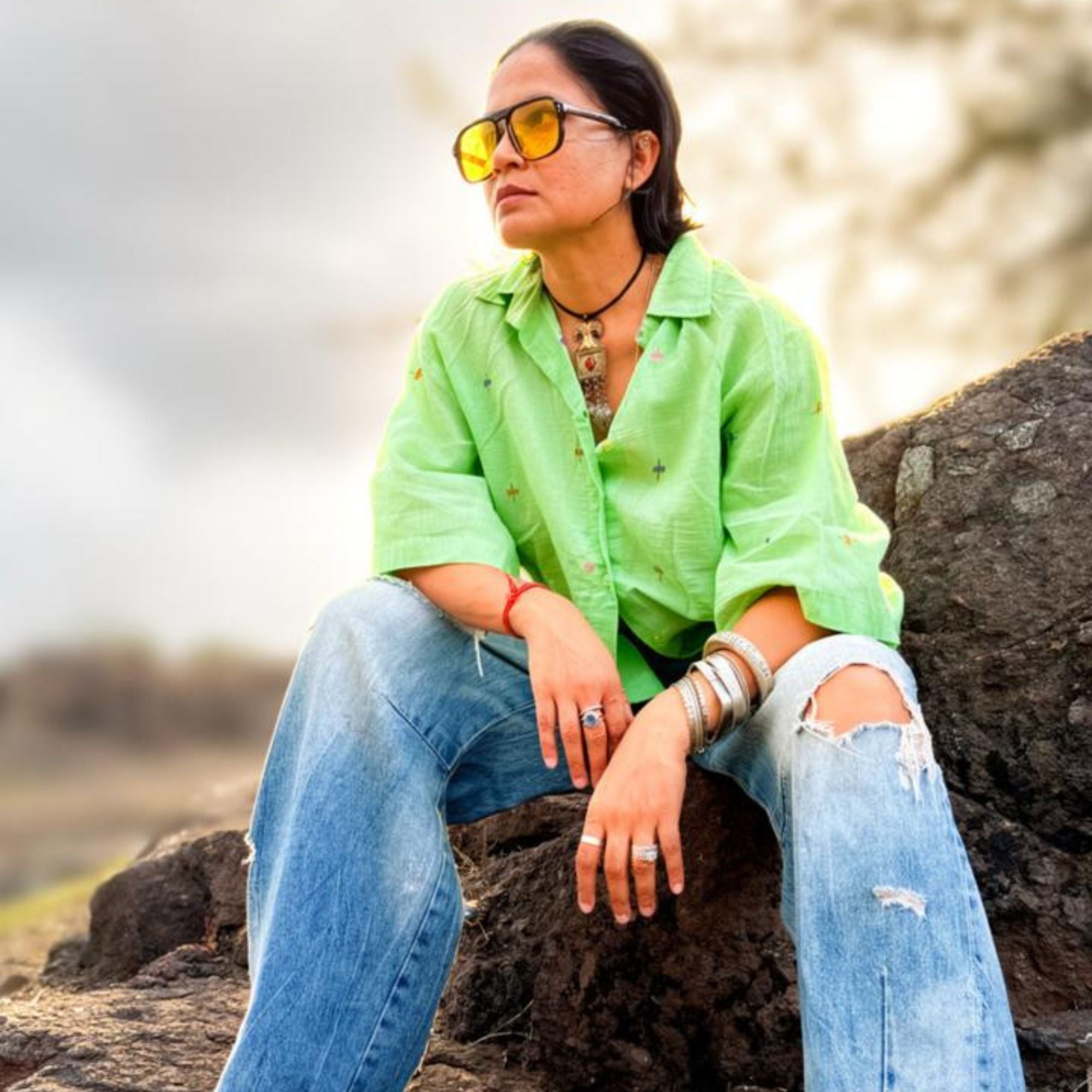 Green Multicolour Motif Jamdani Boxy Shirt