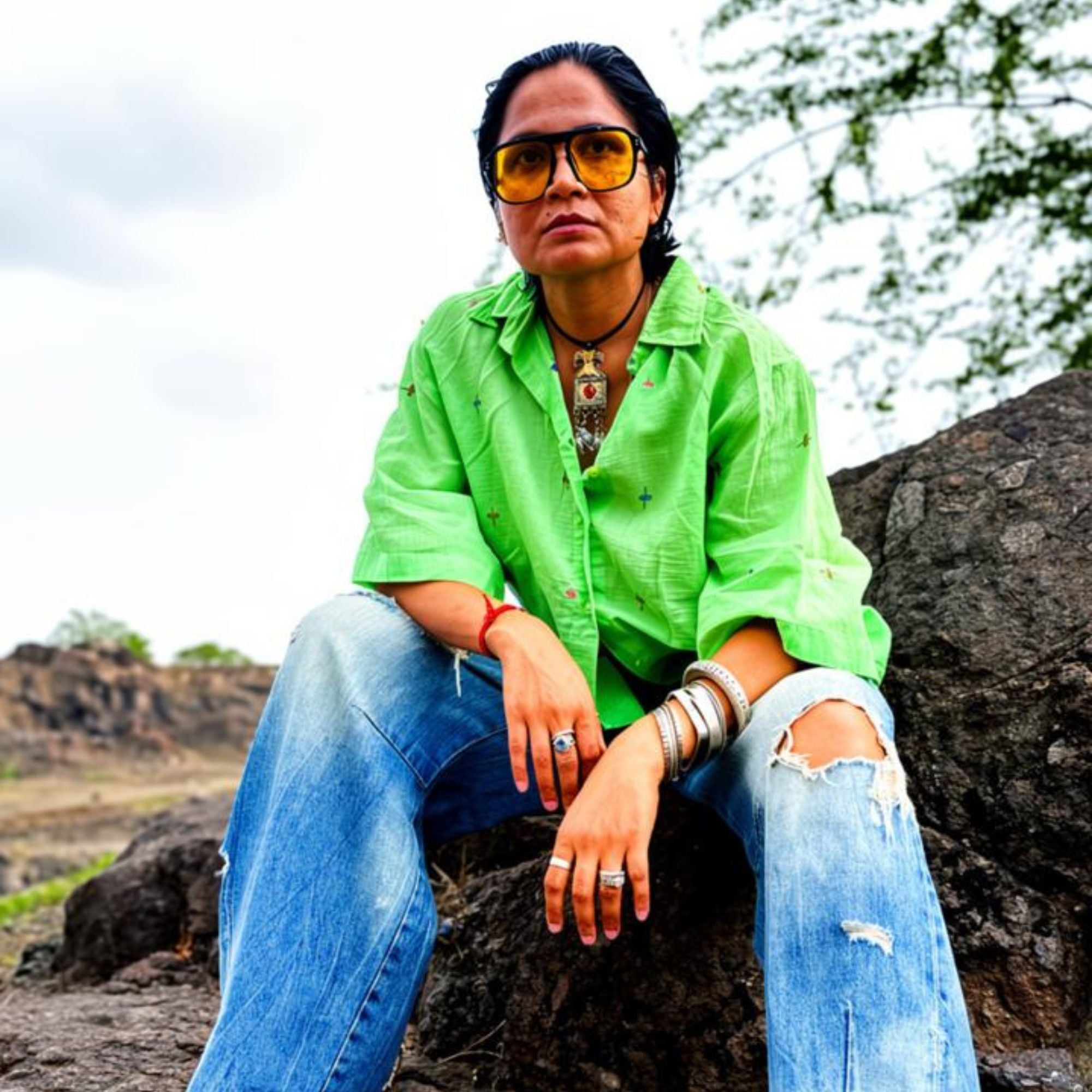 Green Multicolour Motif Jamdani Boxy Shirt