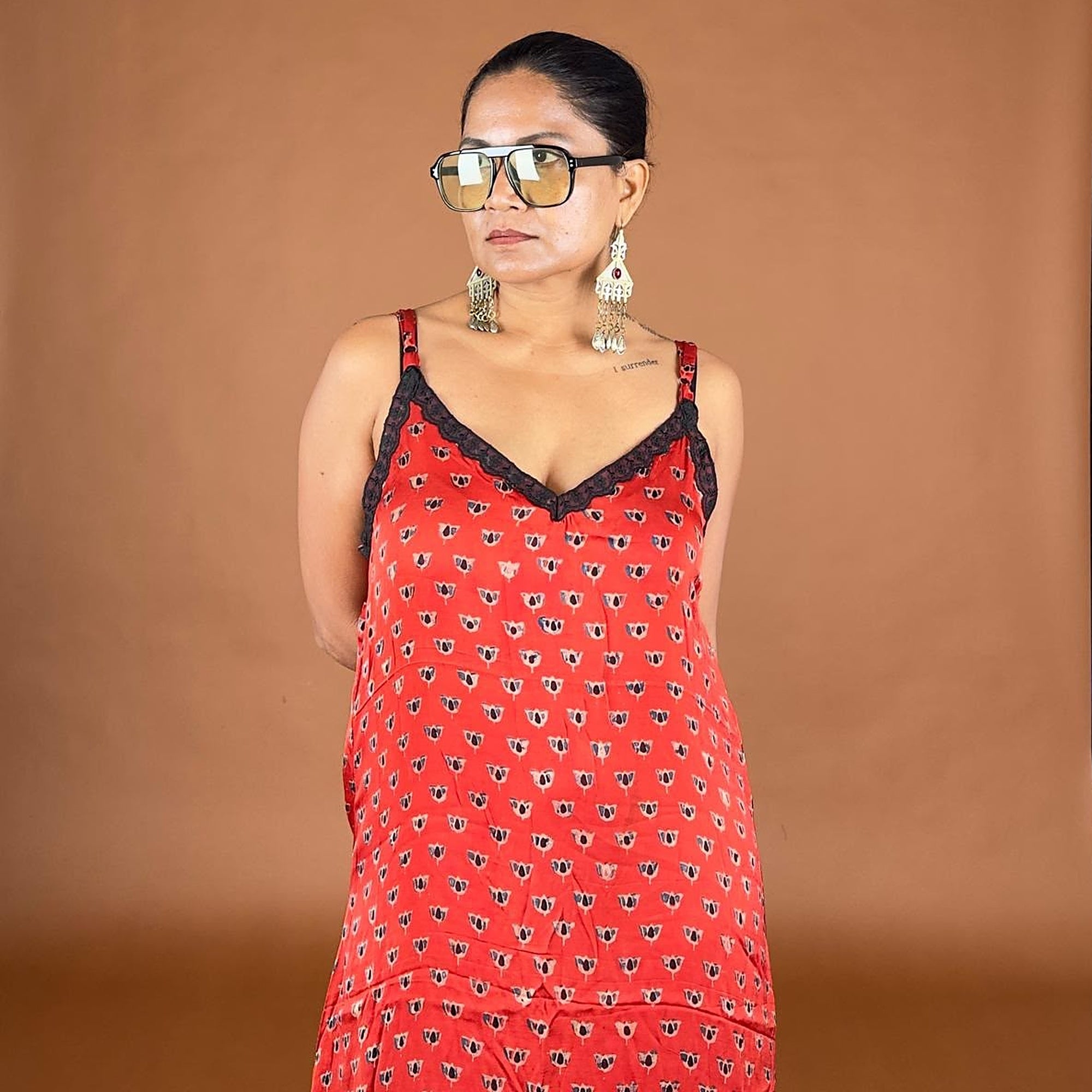 Red Ajrakh Modal Silk Dress