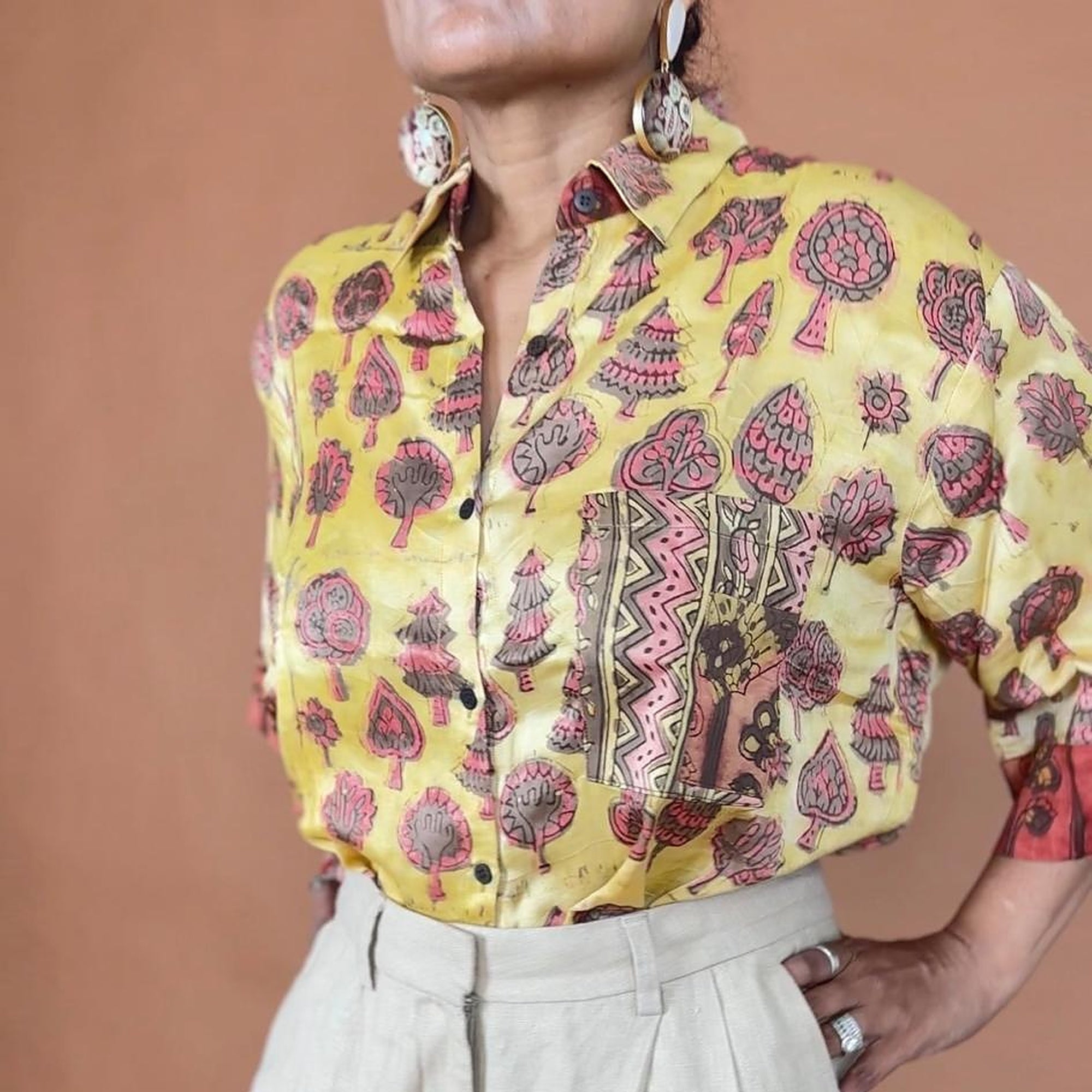 Rustic Pink Bagru Hand Printed Modal Silk Shirt