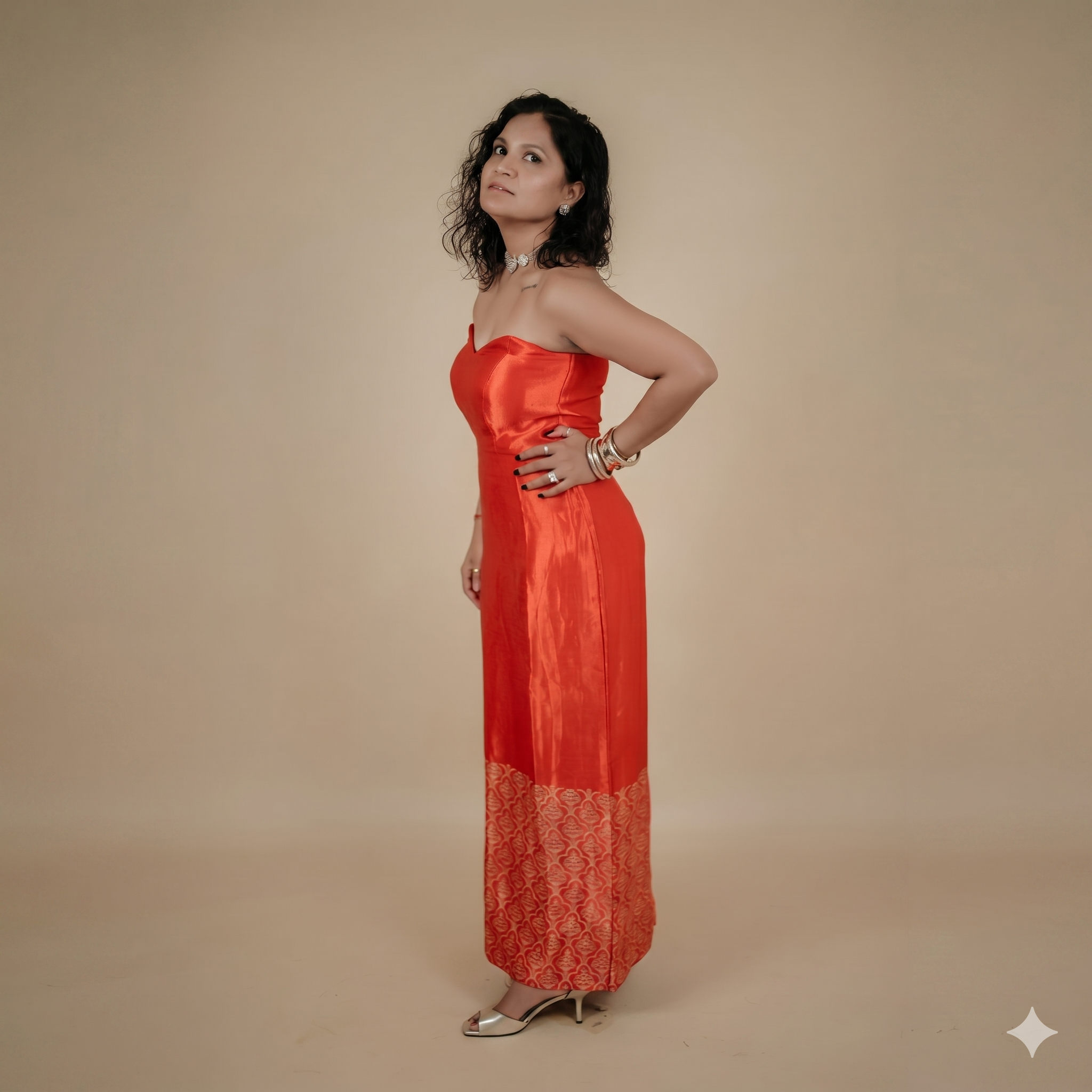 Red Gaji Silk Bandeau Dress