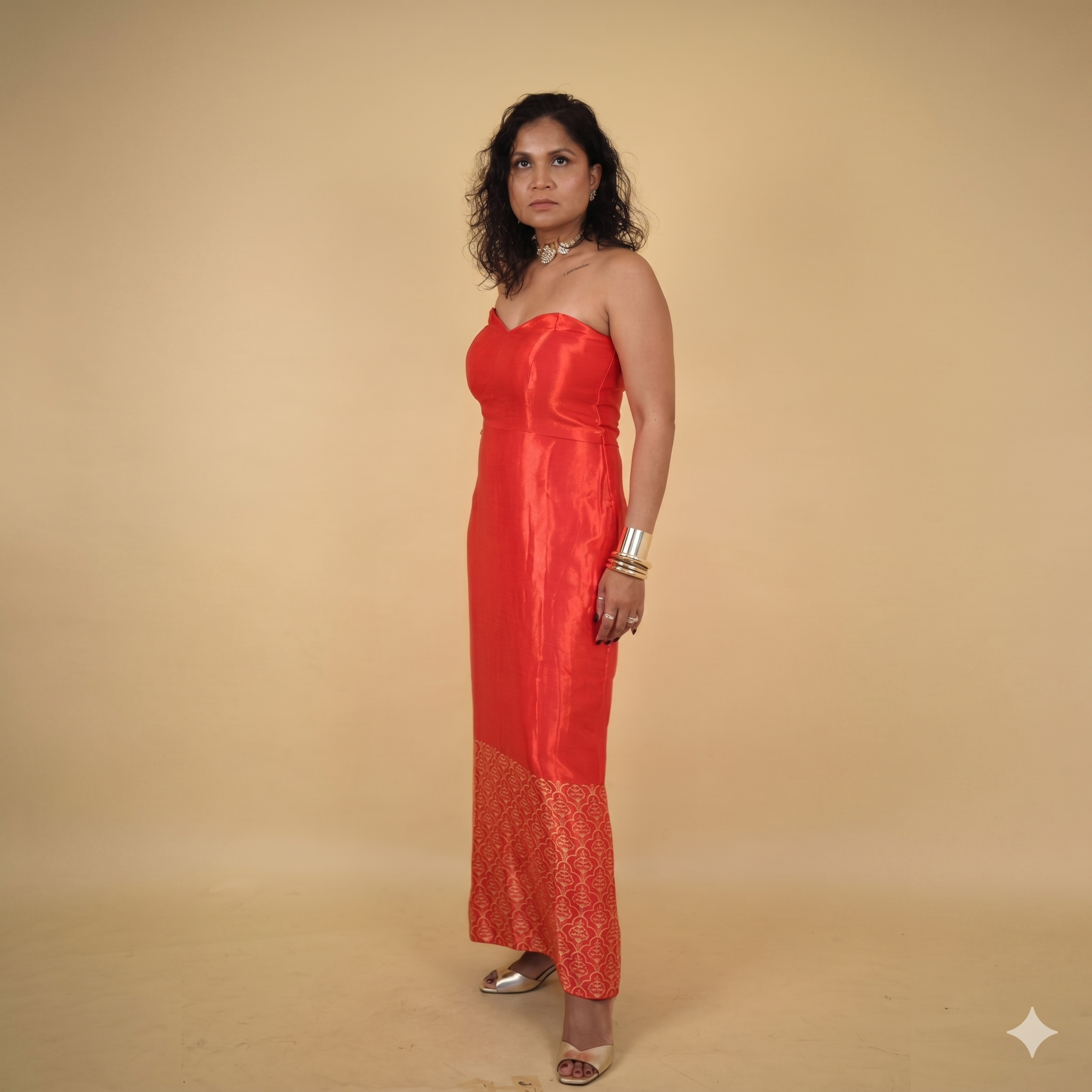 Red Gaji Silk Bandeau Dress