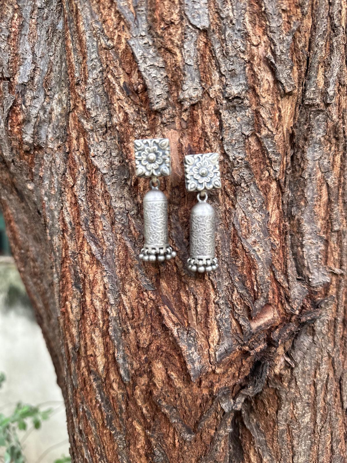 Floral Antique Silver Jhumka