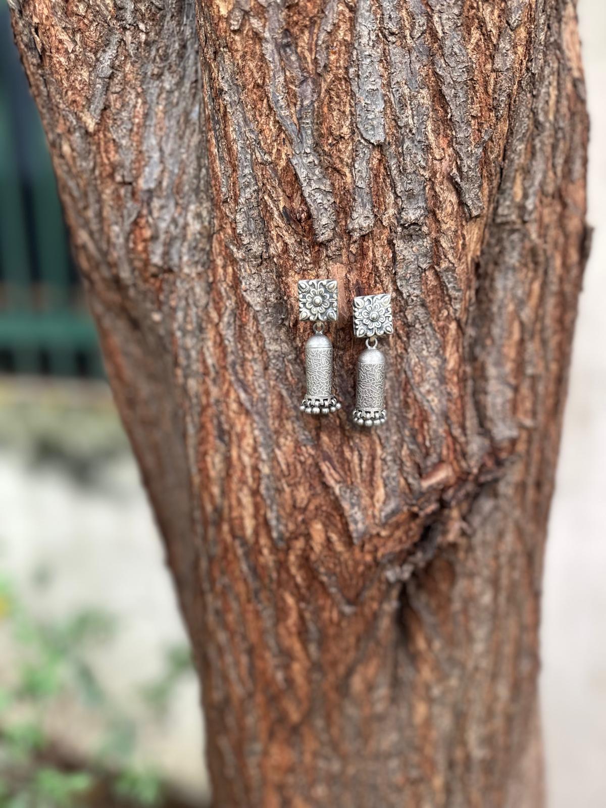 Floral Antique Silver Jhumka